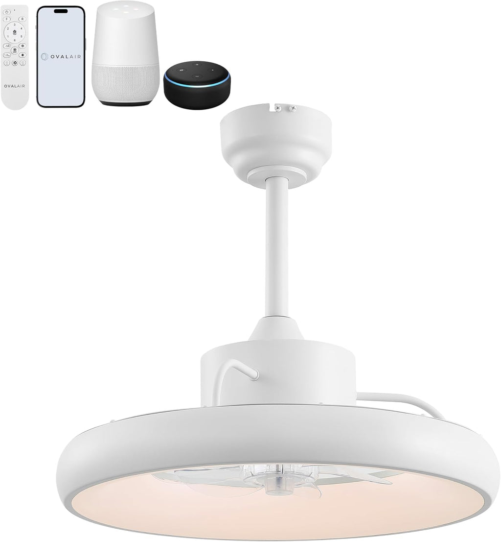 Oval AIR Loren 20' Small Smart Ceiling Fan with Light, Semi Flush Mount, Quiet 6-Speed Reversible Motor, Dimmable LED, Adjustable CCT, App & Remote Control, Minimalist, White AIR8002D