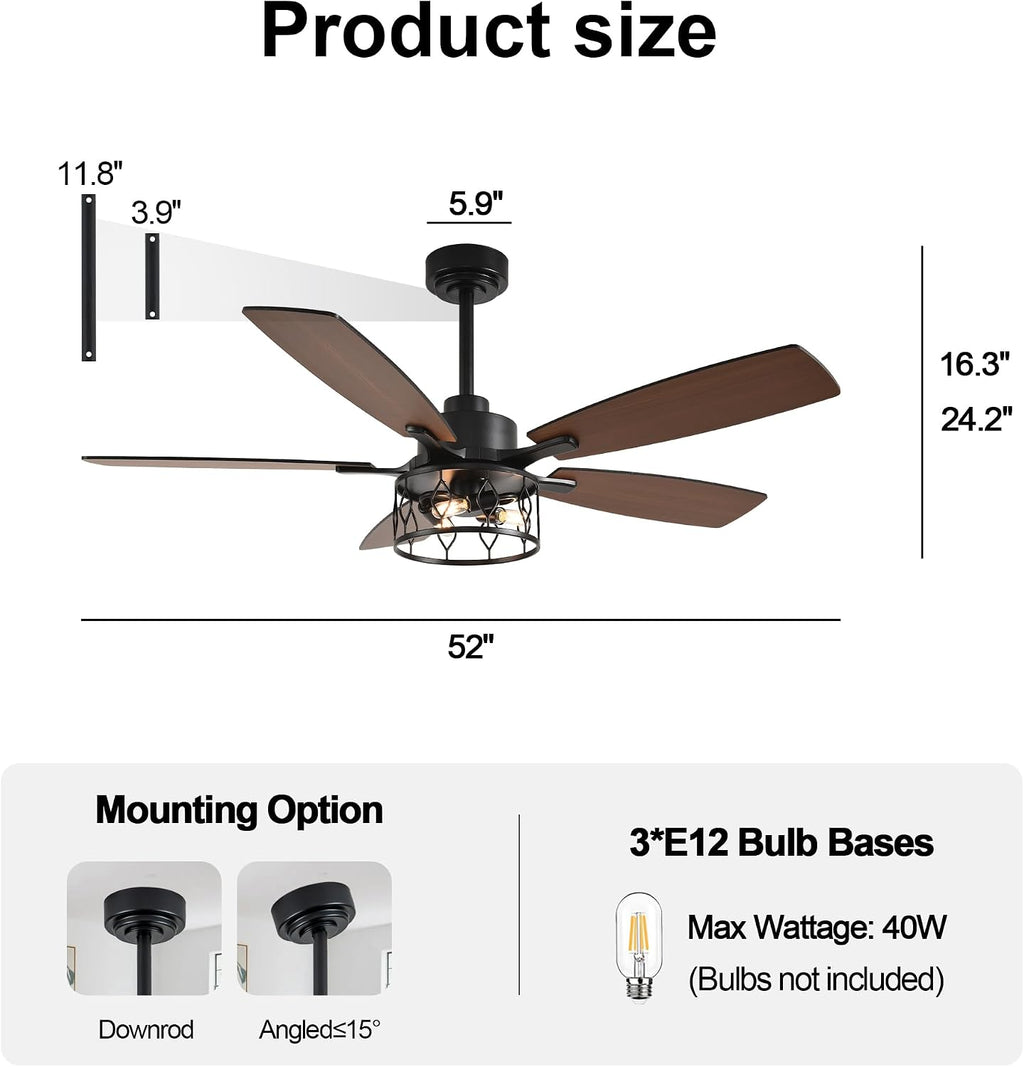 52 Inch Farmhouse Ceiling Fan with Lights Rustic Ceiling Fan Industrial Caged Black Fandelier Chandelier Light for Living Room Indoor Outdoor, Remote Control, Reversible 6 Speeds
