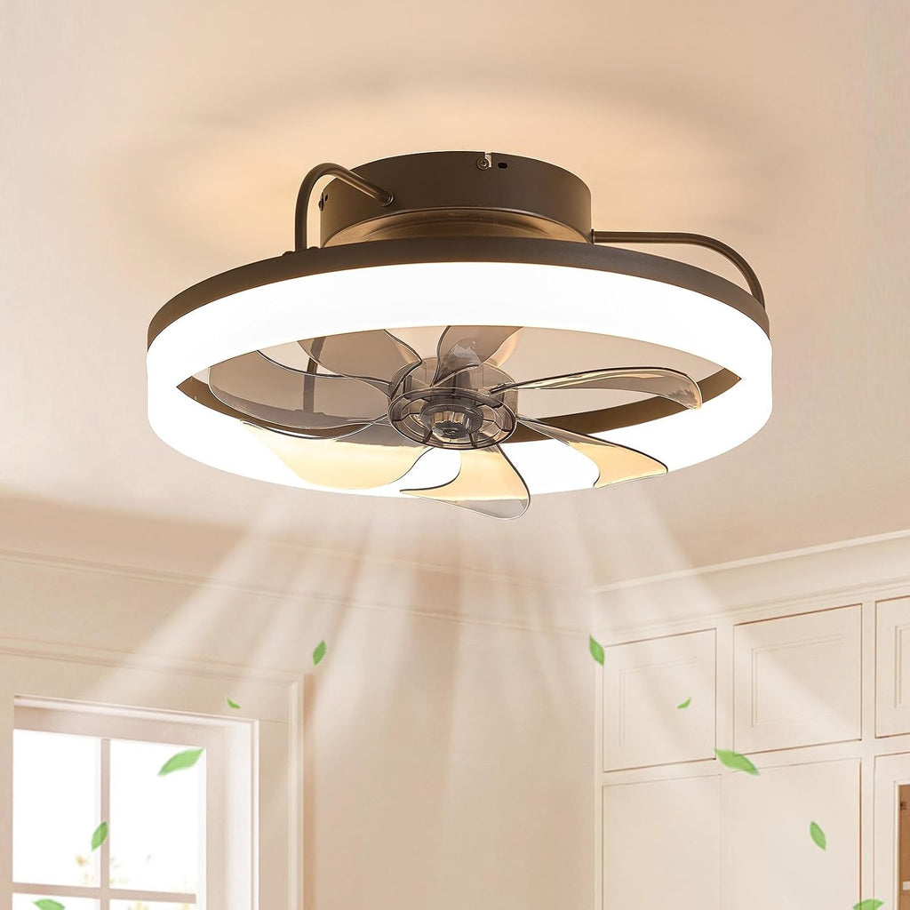 360° Rotating Ceiling Fan with Lights and Remote, 19.7' Low Profile Ceiling Fans 6 Wind Speeds, Modern Smart Dimmable LED Fandelier for Bedroom, Kids Room