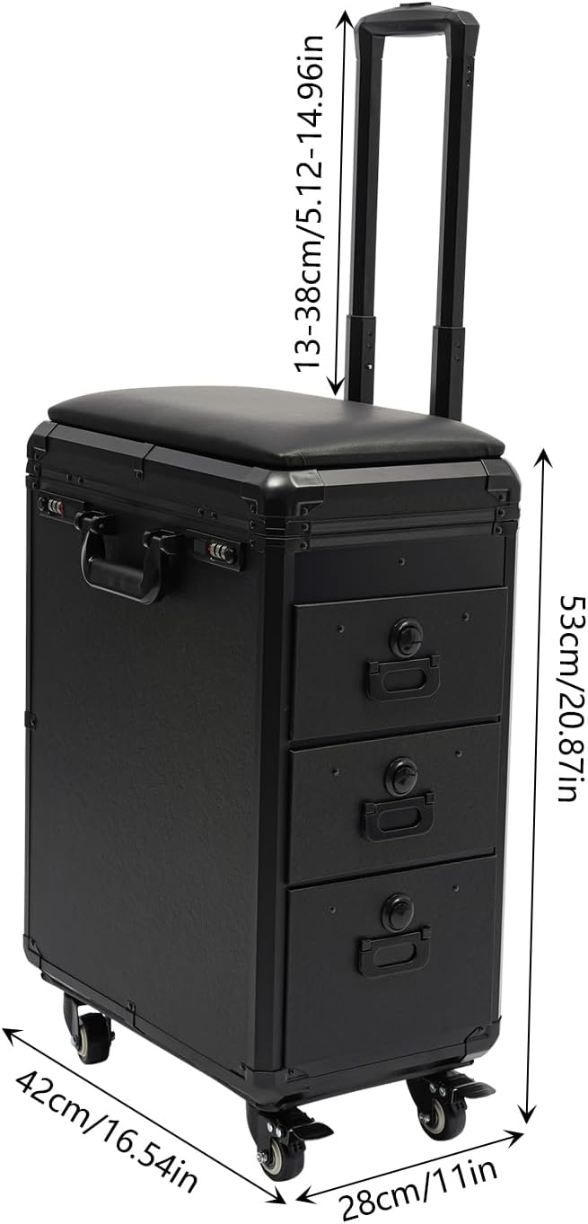 Tattoo Trolley Case, Rolling Makeup Case with Armrest Stand & 3 Drawers & Code Lock Portable Travel Equipment with 4 Universal Wheels Adjustable Make Up Workstation Makeup Station Suitcase Black