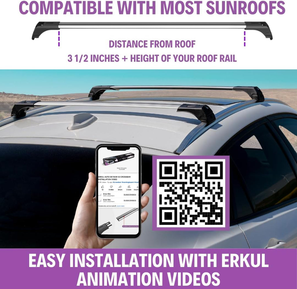 ERKUL Roof Rack Cross Bars for Mercedes Benz GLA 2014-2020 | Aluminum Crossbars with Anti Theft Lock for Rooftop | Compatible with Flush Rails - Silver