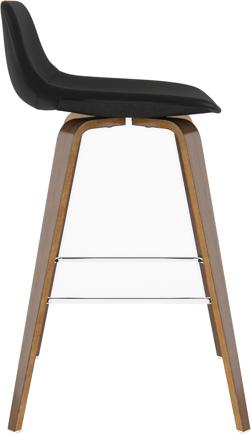 SIMPLIHOME Randolph Counter Stools (Set of 2) - 28 Inch Seat Height Upholstered Bentwood Bar Stools in Black Vegan Faux Leather, Mid Century Modern Seating with Curved Backrest and Chrome Footrest