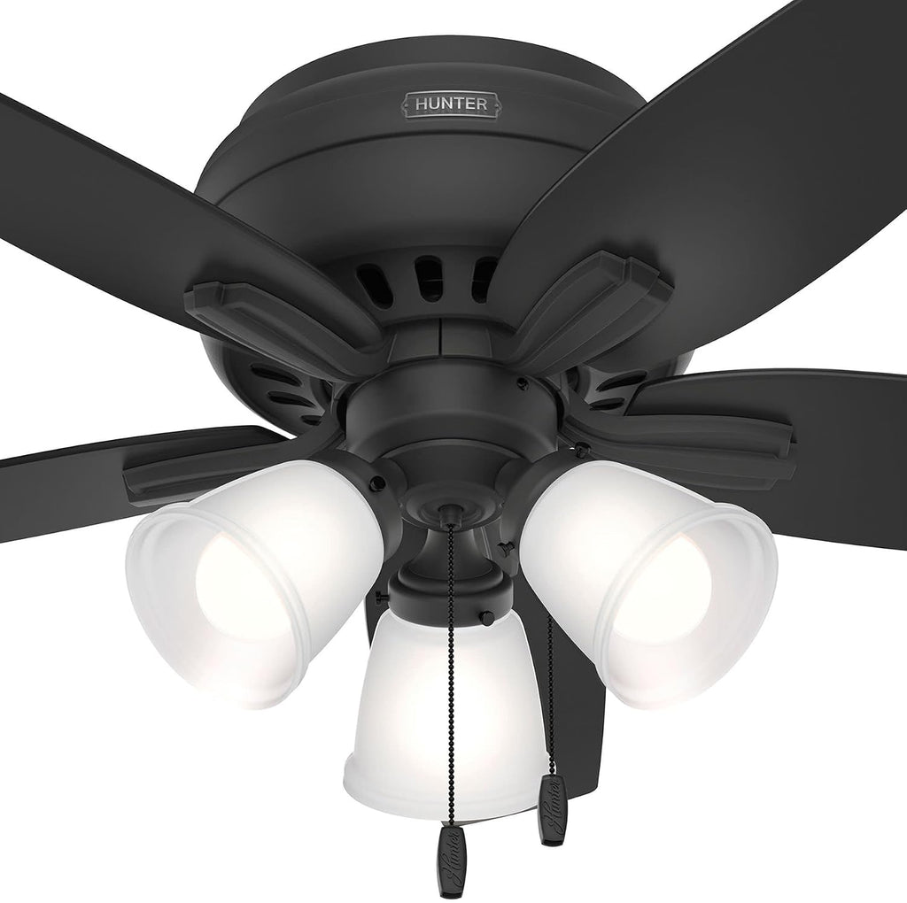 Hunter 42 inch Indoor Ceiling Fan with LED Lights - Black Ceiling Fan with Pull Chain, For Bedroom or Living Room, Low Profile Flush Mount, No Remote, 5 Blades - Newsome 52393, Matte Black
