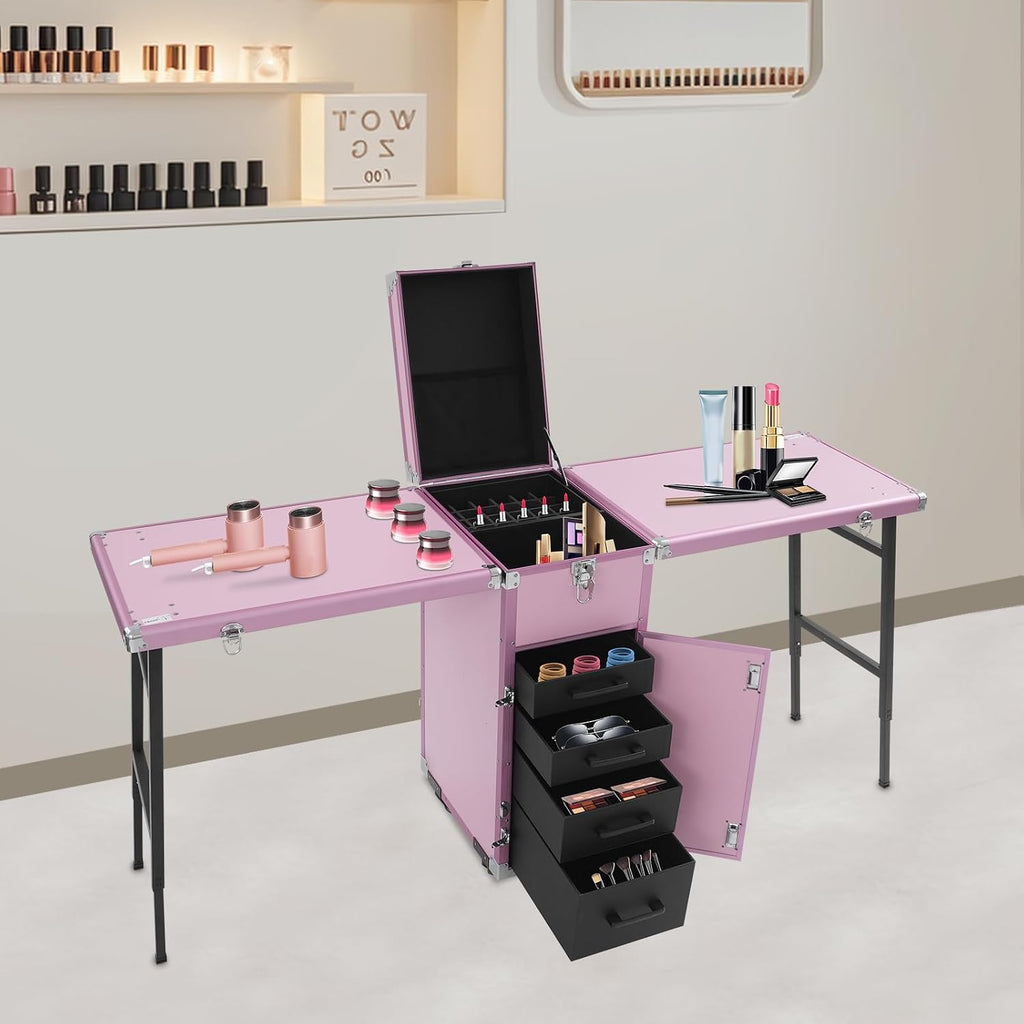 Professional Rolling Makeup Case, Foldable Nail Tables with Wheel, Travel Cosmetic Trolley Storage Organizer with Drawers, Manicure for Artist