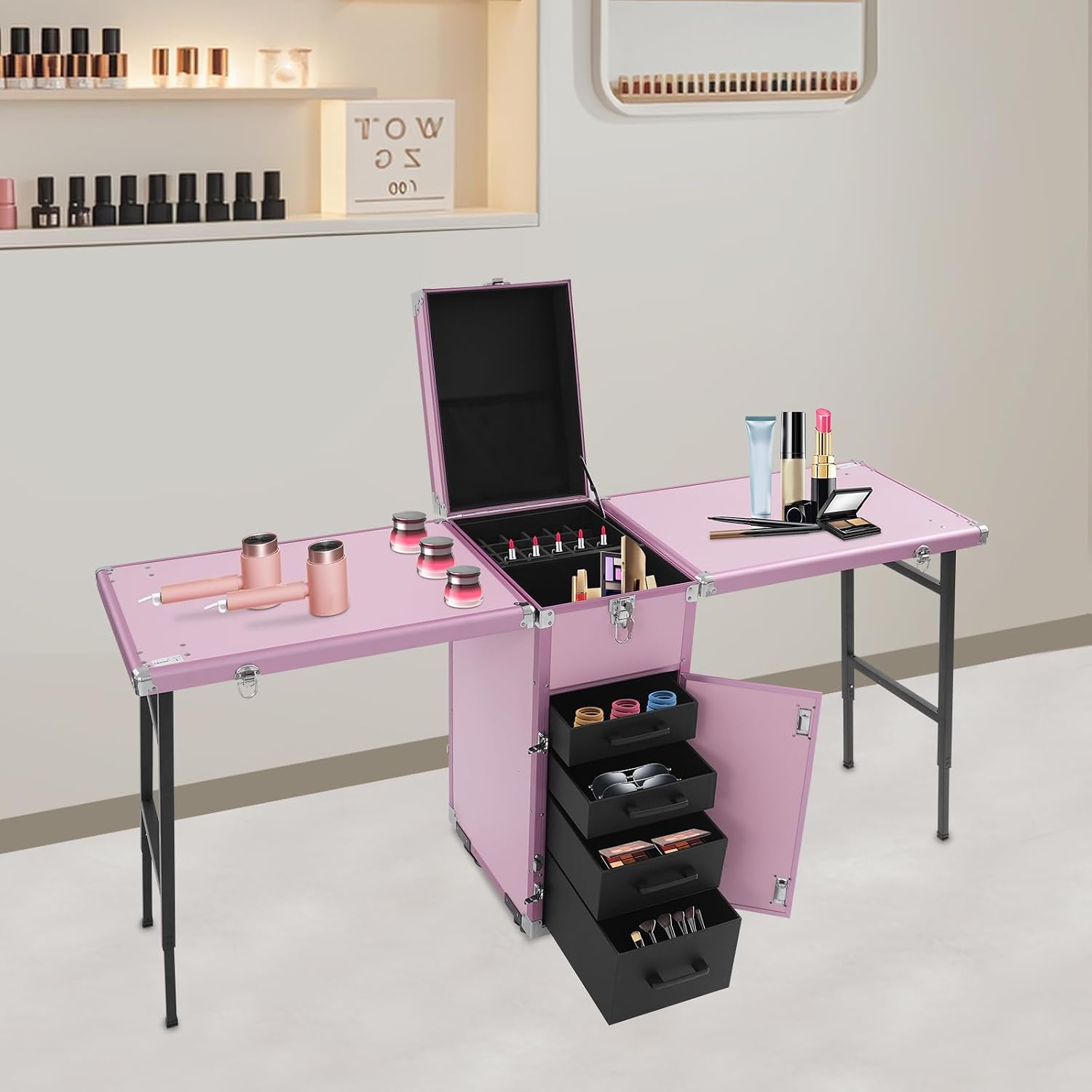 Professional Rolling Makeup Case, Foldable Nail Tables with Wheel, Travel Cosmetic Trolley Storage Organizer with Drawers, Manicure for Artist