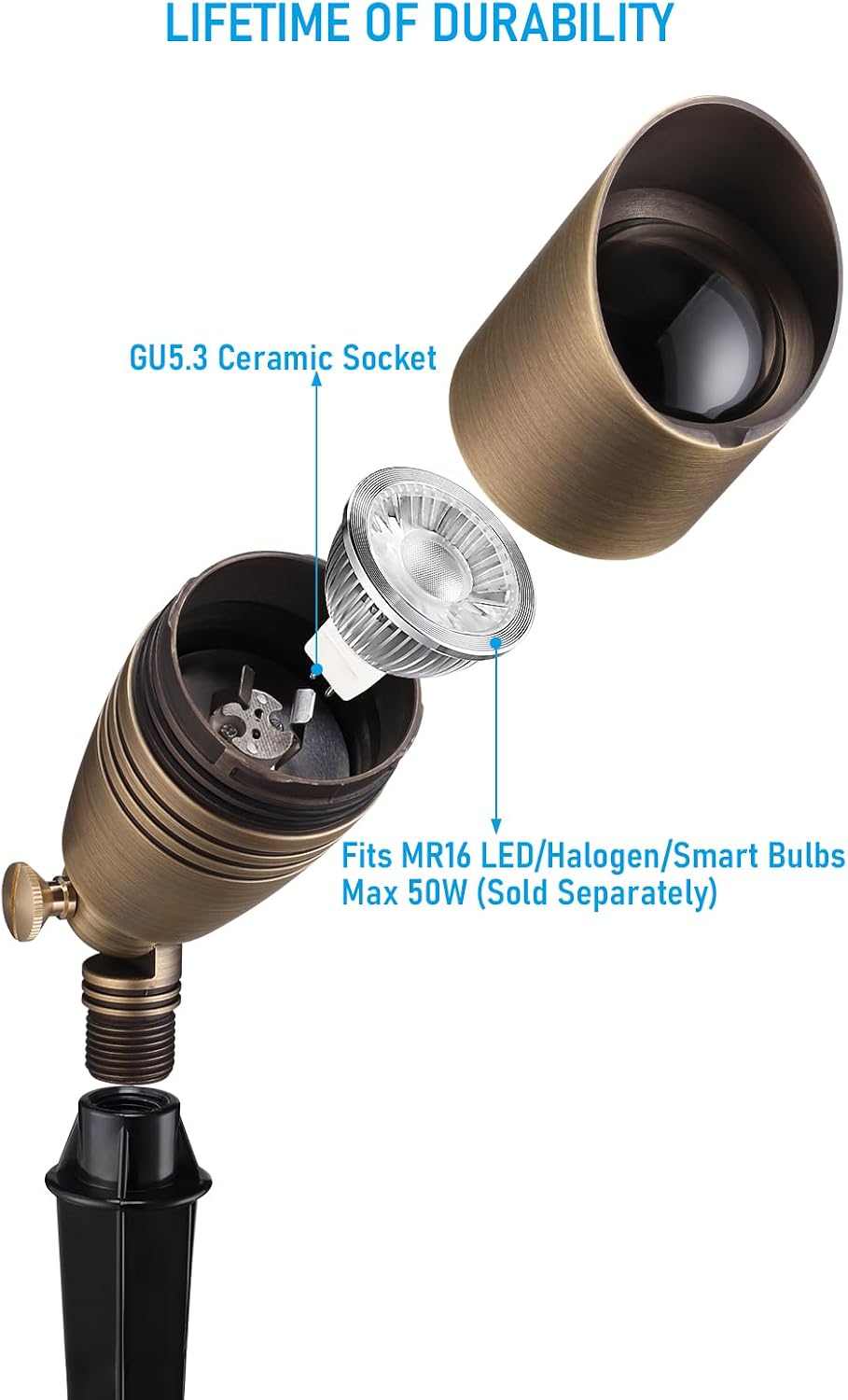 LEONLITE Solid Cast Brass Landscape Spotlights, Low Voltage Landscape Light, 12V Directional Uplights for Tree, House, Work with MR16 Bulb, (Bulbs Not Included), IP65, 7.72' Tall, Bronze, Pack of 4