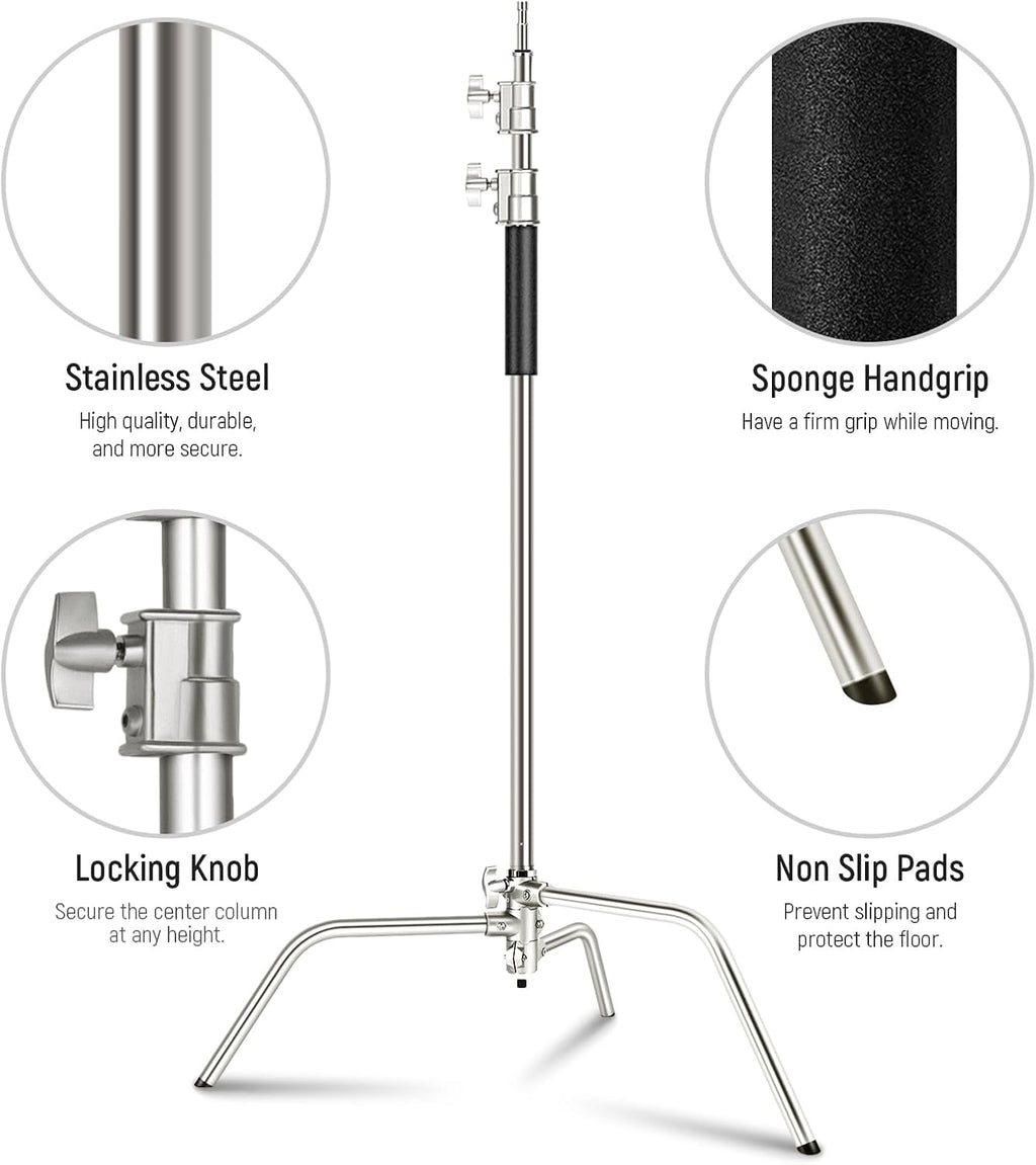 NEEWER C Stand with Boom Arm Pro 100% Stainless Steel, Max Height 10.8ft/330cm Air Cushion Heavy Duty Photography Light Stand with 4.2ft/128cm Holding Arm for Monolight Softbox Reflector