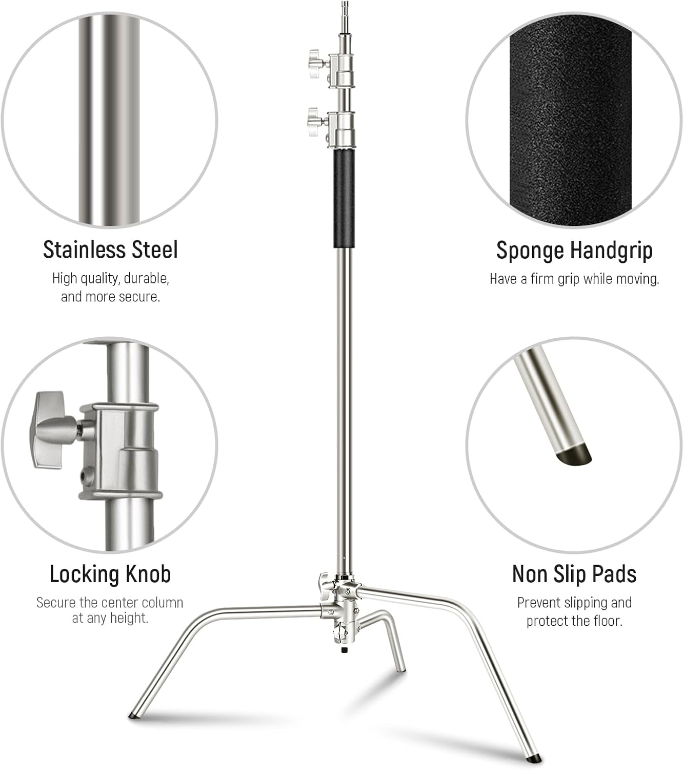 NEEWER C Stand with Boom Arm Pro 100% Stainless Steel, Max Height 10.8ft/330cm Air Cushion Heavy Duty Photography Light Stand with 4.2ft/128cm Holding Arm for Monolight Softbox Reflector