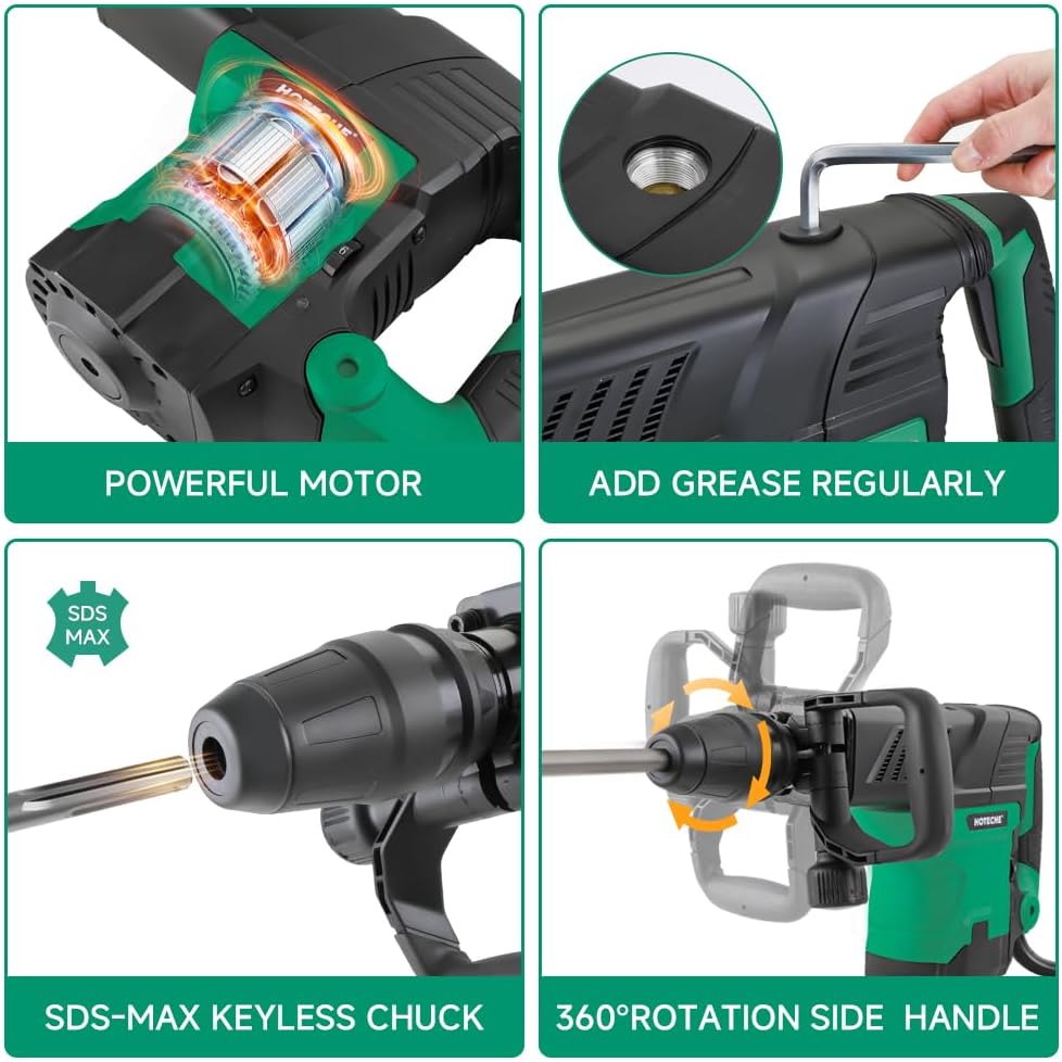 Hoteche Electric Demolition Jack Hammer 1500W Heavy-Duty SDS-MAX Concrete Breaker with Flat & Point Chisel