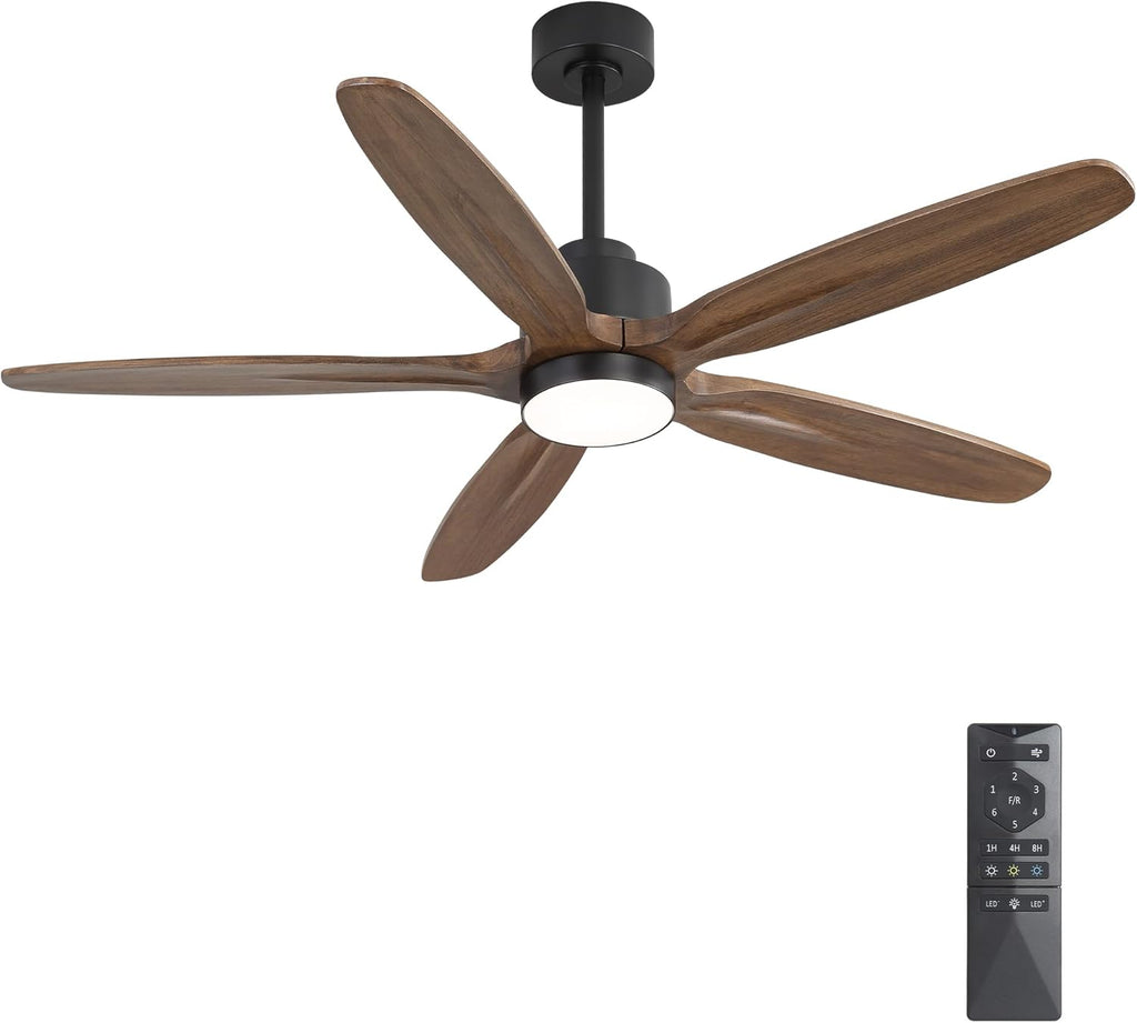 WINGBO 54' Ceiling Fan with Light - 5 Carved Solid Wood Blades, 6-Speed Reversible DC Motor, Dimmable, 3CCT, Noiseless Remote Control Ceiling Fans with Lights for Bedroom Living Room, Black and Wood