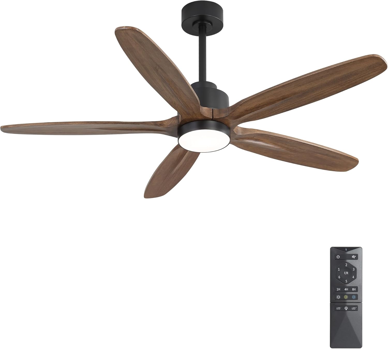 WINGBO 54' Ceiling Fan with Light - 5 Carved Solid Wood Blades, 6-Speed Reversible DC Motor, Dimmable, 3CCT, Noiseless Remote Control Ceiling Fans with Lights for Bedroom Living Room, Black and Wood