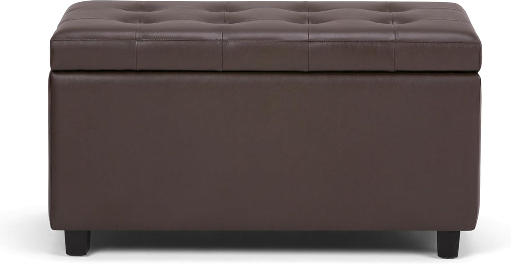 SIMPLIHOME Cosmopolitan Storage Ottoman - 34 inch Wide Upholstered Vegan Leather Rectangle Storage Ottoman Bench in Chocolate Brown, Transitional Tufted Ottoman for Living Room with Lift-Up Lid