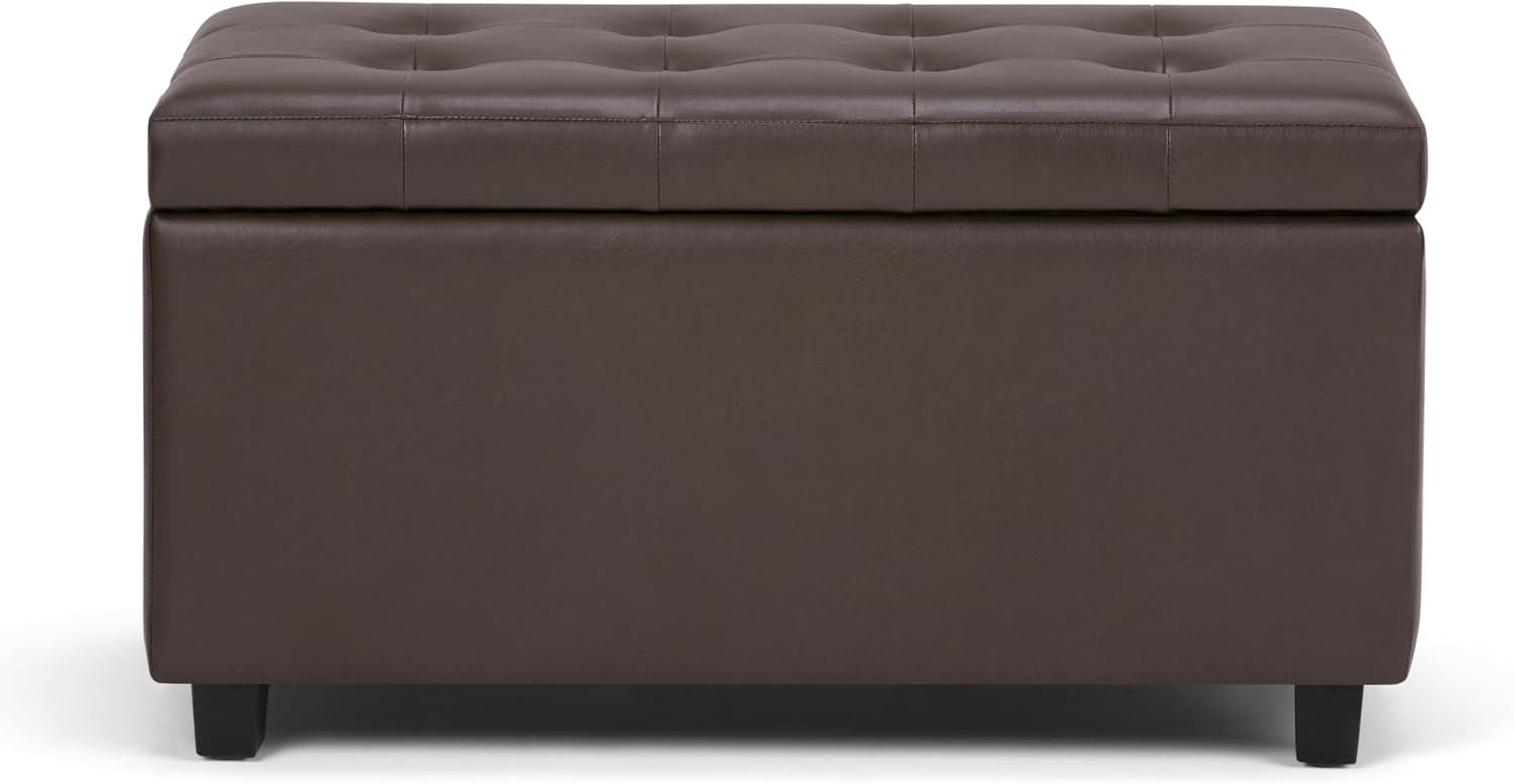 SIMPLIHOME Cosmopolitan Storage Ottoman - 34 inch Wide Upholstered Vegan Leather Rectangle Storage Ottoman Bench in Chocolate Brown, Transitional Tufted Ottoman for Living Room with Lift-Up Lid