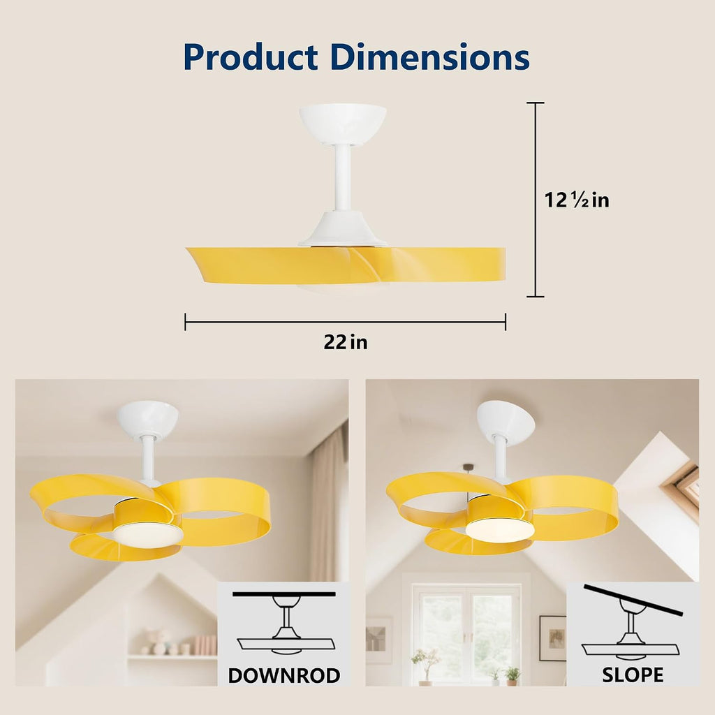 FANX 22 Inch Ceiling Fan with Light and Remote, Quiet DC Motor, Dimmable LED, Reversible 3-Speed Control, Easy Installation Downrod Fan for Small Rooms (Yellow)
