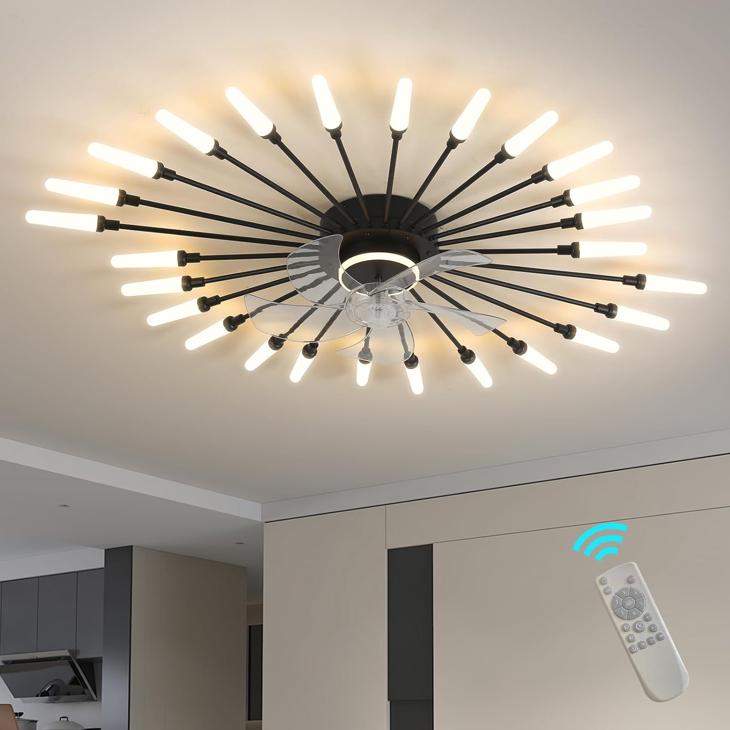 39' Modern Ceiling Fan with Lights and Remote, Low Profile Ceiling Fans with Tri-Color Light 6-Speed Wind, Flush Mount Ceiling Fan with Led Light for Living Room Bedroom Dining Room，Black