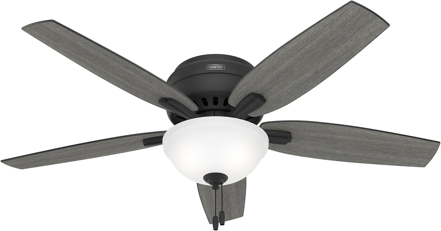 Hunter 52 inch Indoor Ceiling Fan with LED Light - Black Ceiling Fan with Pull Chain, For Bedroom or Living Room, Low Profile Flush Mount, 5 Blades, Includes Bulbs - Newsome 52396, Matte Black