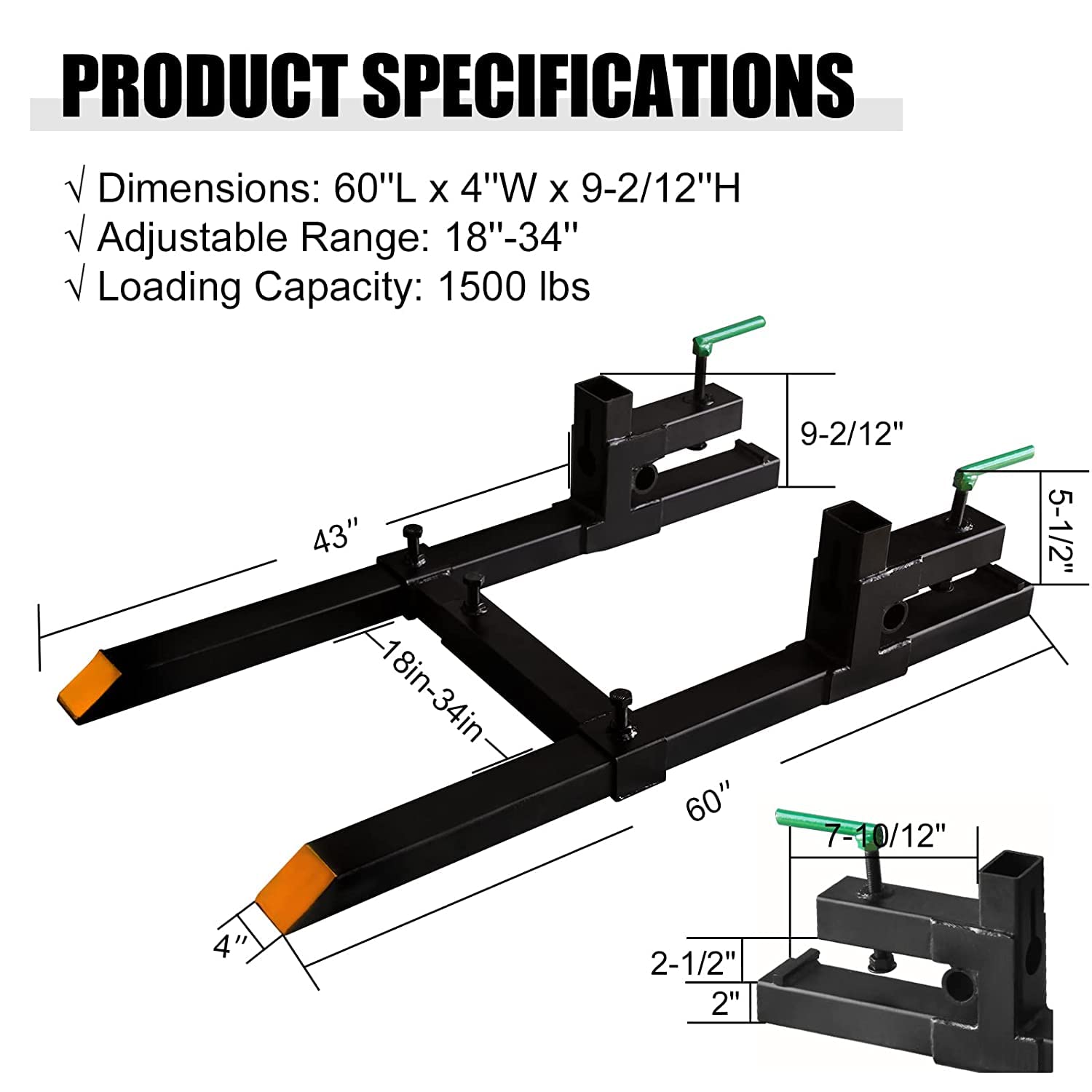 Pallet Forks 60' 1500lbs Max with Adjustable Stabilizer Bar Heavy Duty Clamp on Pellet Forks for Tractor Bucket Attachments…