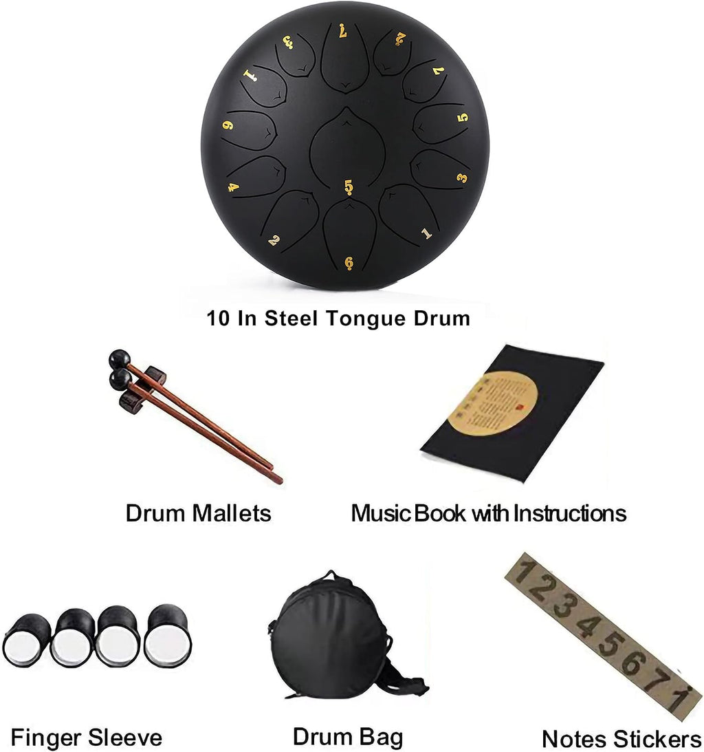 Steel Tongue Drum C Major， 12 inch 13 Notes Children Tongue Drum Handpan Drum， Percussion Instrument kit with Drum Mallets， Note Stickers， Finger Picks， Mallet，Vermilion Red-12 inches 13 Tones