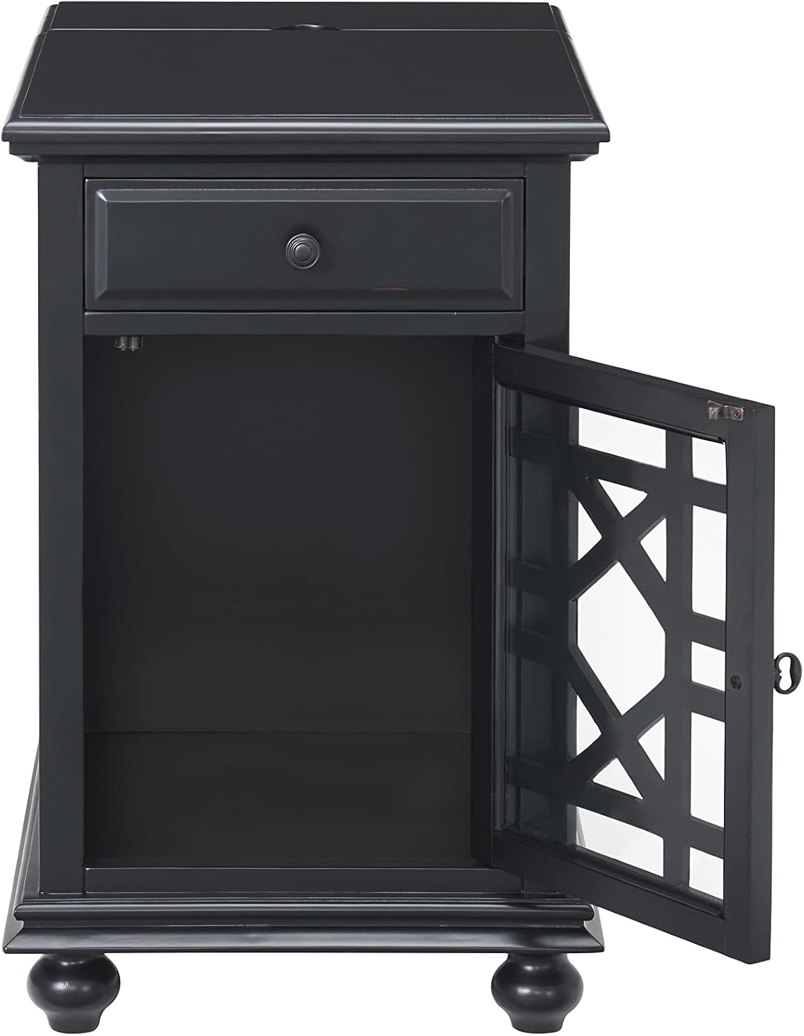 Martin Svensson Home Elegant Chairside End Table with Power — 24″W x 16″D x 25″H, Antique Black — Transitional Painted Accent Table with Flip-Top USB Charging, Drawer & Cabinet Storage
