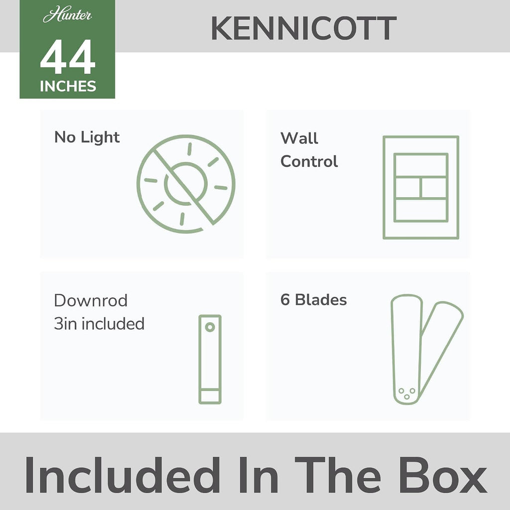 Hunter 44' Kennicott Indoor/Outdoor Ceiling Fan, Wall Control, Matte Bronze | SureSpeed high velocity airflow and no-light design suit covered patios, porches, offices, or small rooms with easy setup.