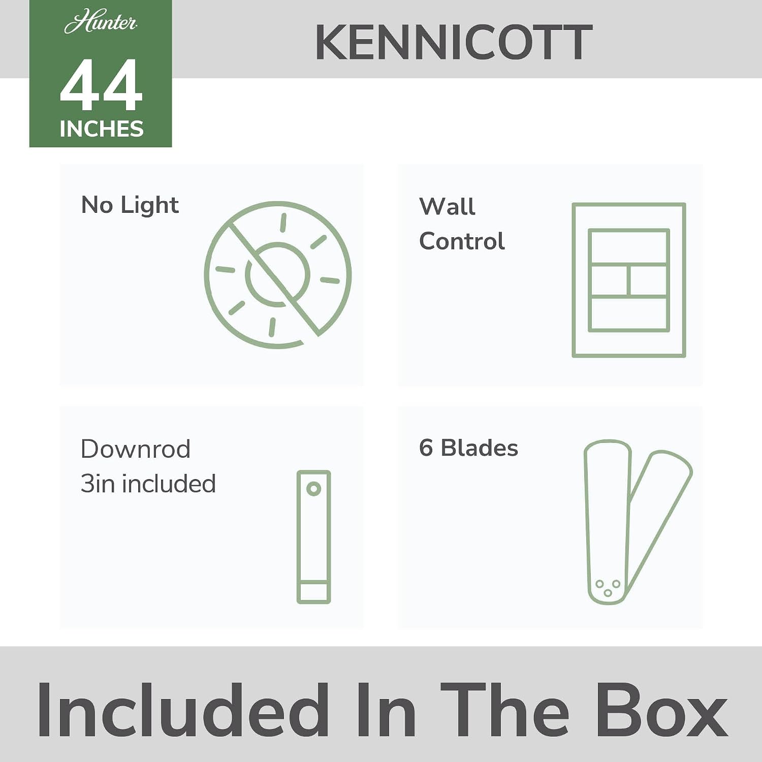 Hunter 44' Kennicott Indoor/Outdoor Ceiling Fan, Wall Control, Matte Bronze | SureSpeed high velocity airflow and no-light design suit covered patios, porches, offices, or small rooms with easy setup.