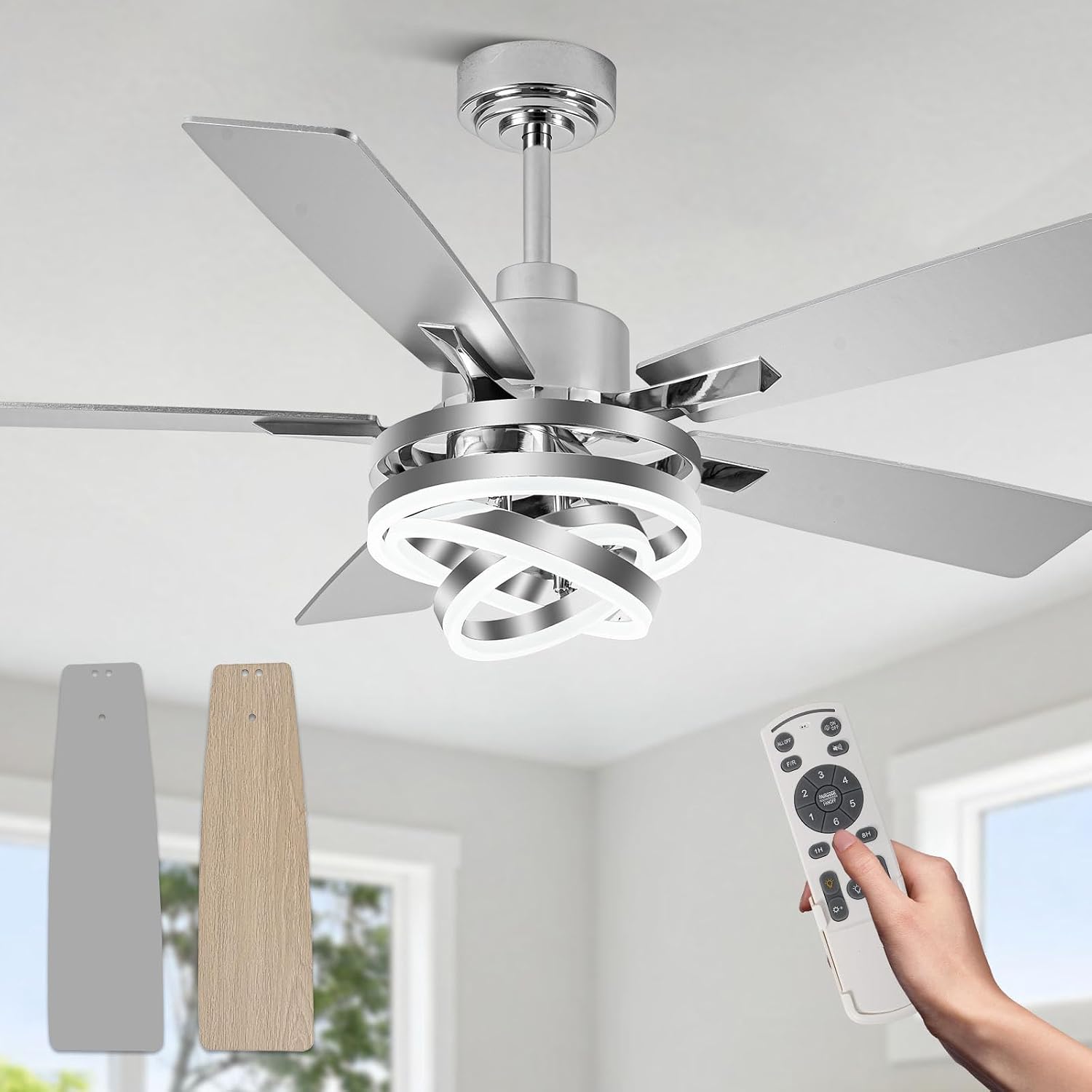 52' Modern Ceilling Fan with Light Chandelier Fan Dimmable Led Fandelier Ceiling Fan with Light for Bedroom, Living Room