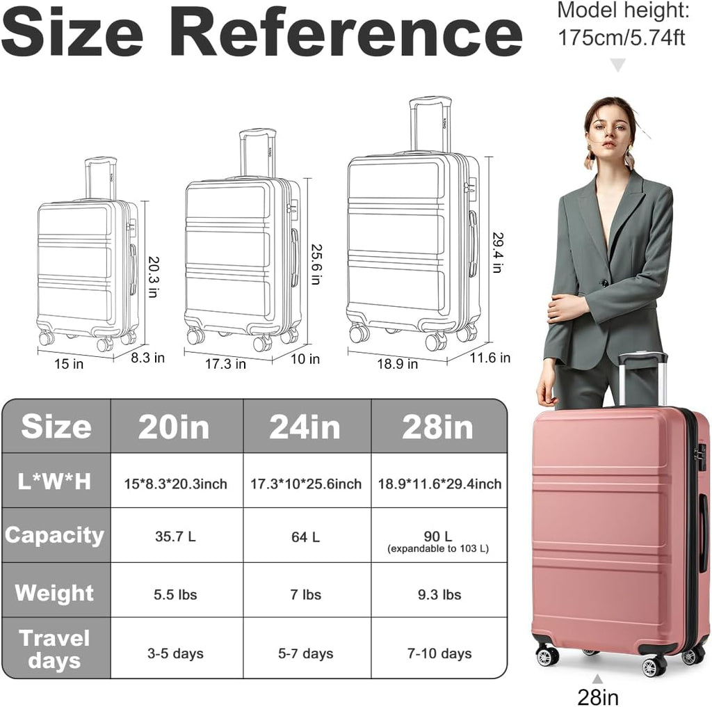Kono 28 Inch Luggage Expandable Suitcase with Spinner Wheels TSA Lock Lightweight PC+ABS Hardside Large Checked Luggage Durable Rolling Suitcase Nude/Rose Pink