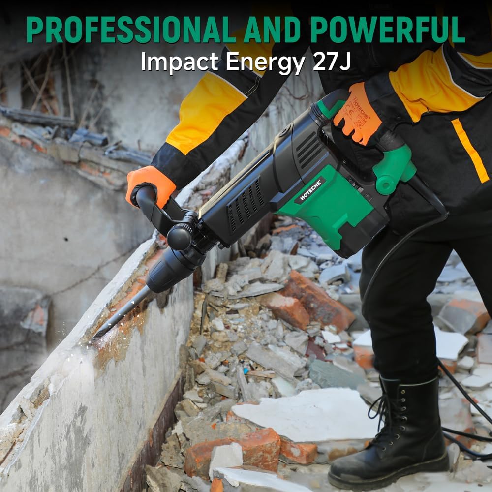 Hoteche Electric Demolition Jack Hammer 1500W Heavy-Duty SDS-MAX Concrete Breaker with Flat & Point Chisel