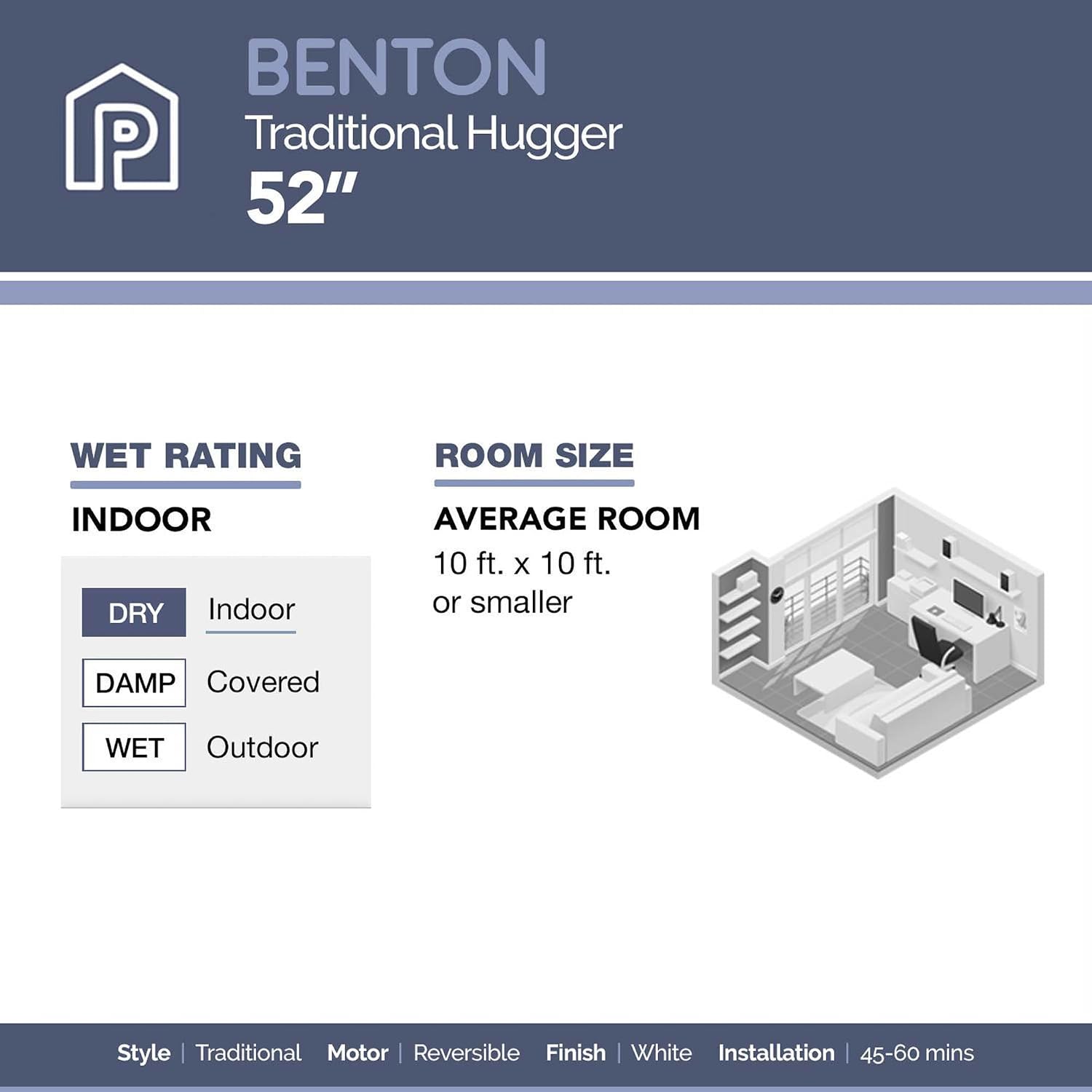 Prominence Home Benton Traditional 52 Inch Ceiling Fan with Light, LED Flush Mount Ceiling Fan, Indoor Fan with 5 Blades, White and Gray Oak Blade Finish Options, White (50852-01)