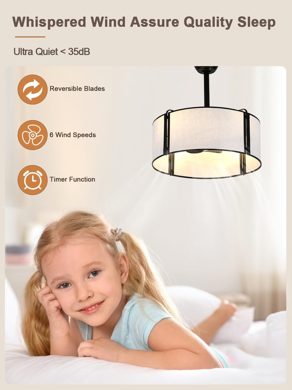 20'' Caged Ceiling Fans with Lights, Fabric Fandelier Ceiling Fan with Light, Boho Farmhouse Style, 6 Speeds for Bedroom, Nursery, Living Room