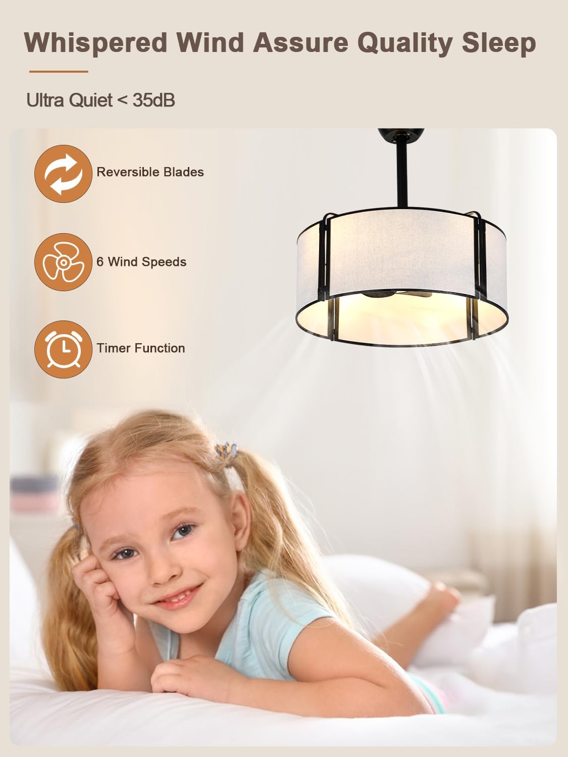 20'' Caged Ceiling Fans with Lights, Fabric Fandelier Ceiling Fan with Light, Boho Farmhouse Style, 6 Speeds for Bedroom, Nursery, Living Room