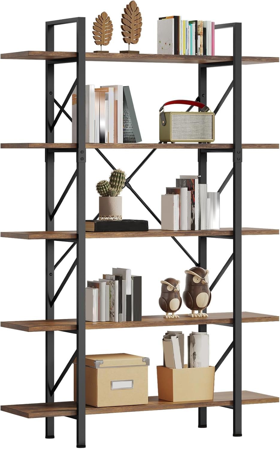 YITAHOME 5 Tier Bookcase, Artsy Modern Bookshelf, Book Rack, Storage Rack Shelves in Living Room/Home/Office, Books Holder Organizer for Books/Movies - Rustic Brown
