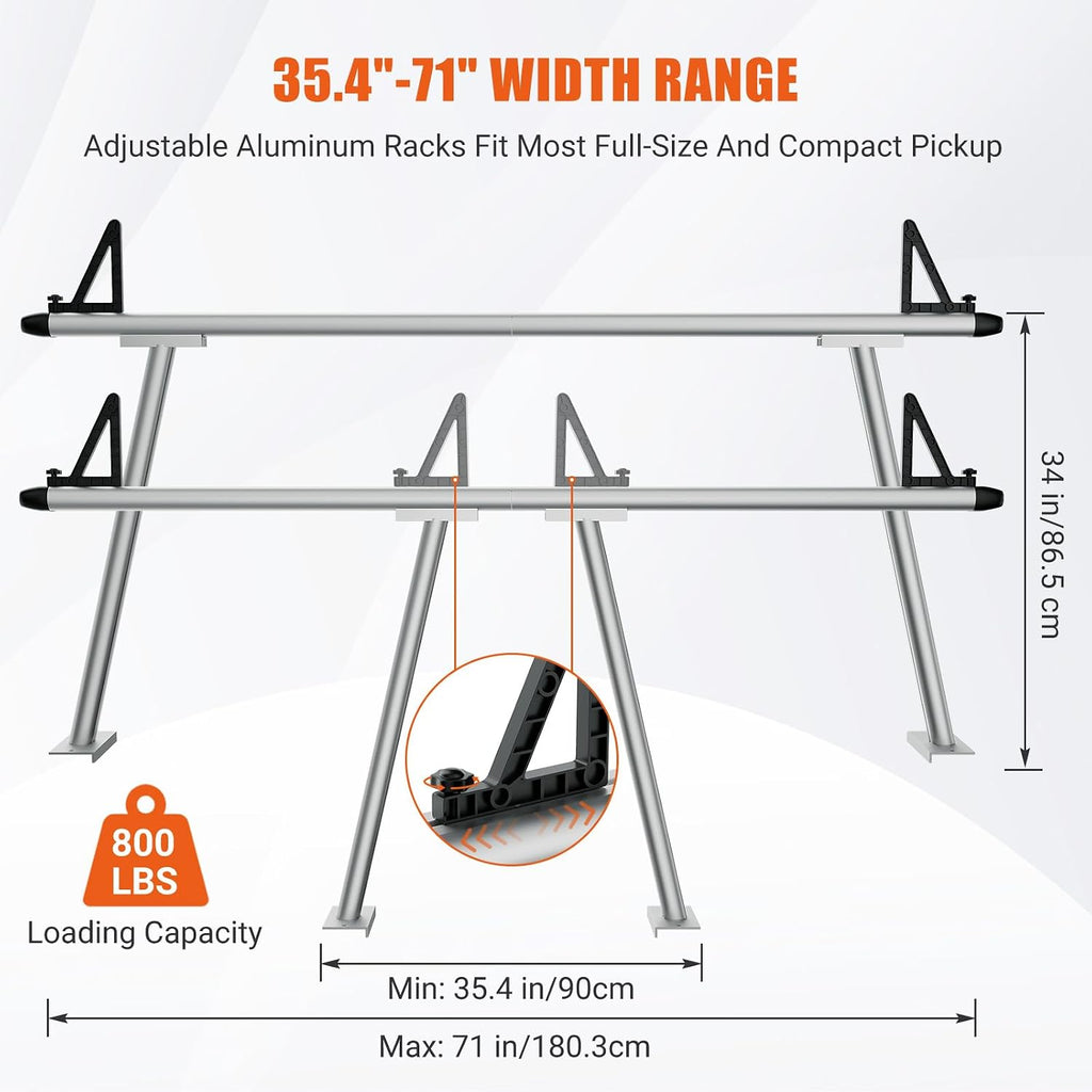 GarveeTech Truck Rack, 71' Aluminum Ladder Rack for Trucks, 800 lbs Capacity with Non-Drilling C-Clamps, Heavy Duty Pickup Truck Racks Two-Bar Set for Kayak, Surfboard, Lumber, Ladder
