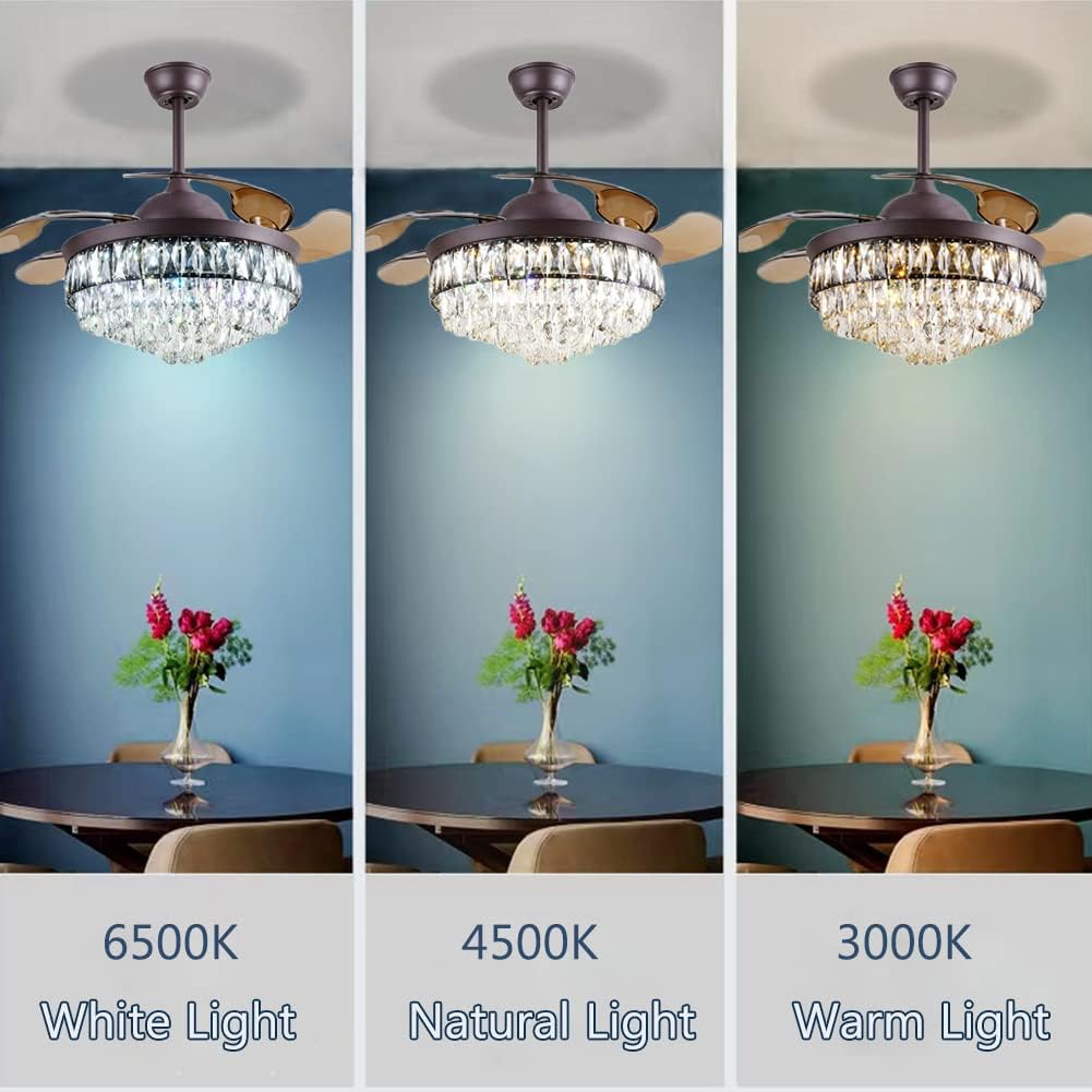 42' Crystal Fandelier Ceiling Fan, Brown Crystal Chandelier Fan, Ceiling Fans with Retractable Blades Lights and Remote with 3 Colors 3 Speeds for Dinning Room Bedroom