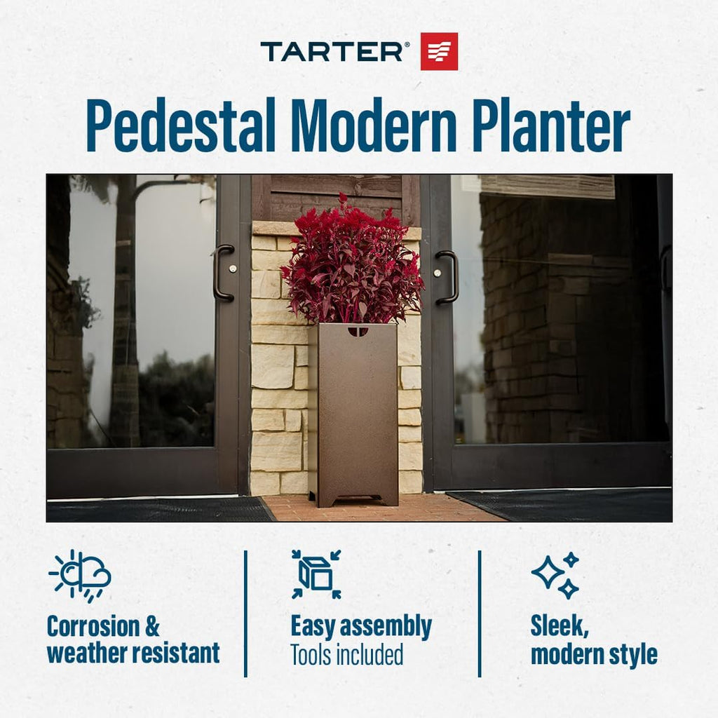Tarter Pedestal Modern Planter for Outdoor Plants with Tools Included - 30 in. H x 13.5 in. L x 13.5 in. W - Large Raised Garden Bed Planter Box with Galvanized Steel - Lawn & Gardening Essentials
