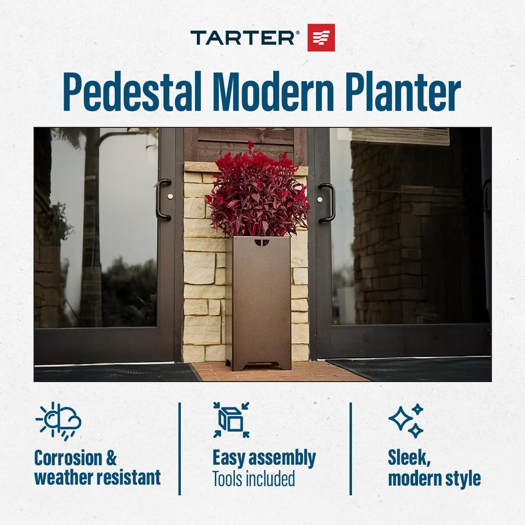 Tarter Pedestal Modern Planter for Outdoor Plants with Tools Included - 30 in. H x 13.5 in. L x 13.5 in. W - Large Raised Garden Bed Planter Box with Galvanized Steel - Lawn & Gardening Essentials