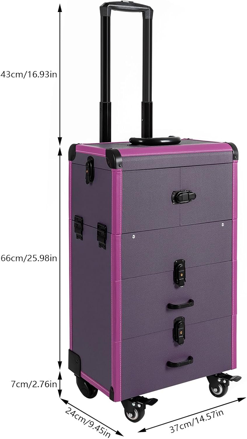 Professional Rolling Makeup Case Train Case Portable Cosmetic Organizer Trolley Lockable Rolling Make-ups Case Storage Cart Makeup Train Case Cosmetology Case On Wheels (Purple|4 trays)