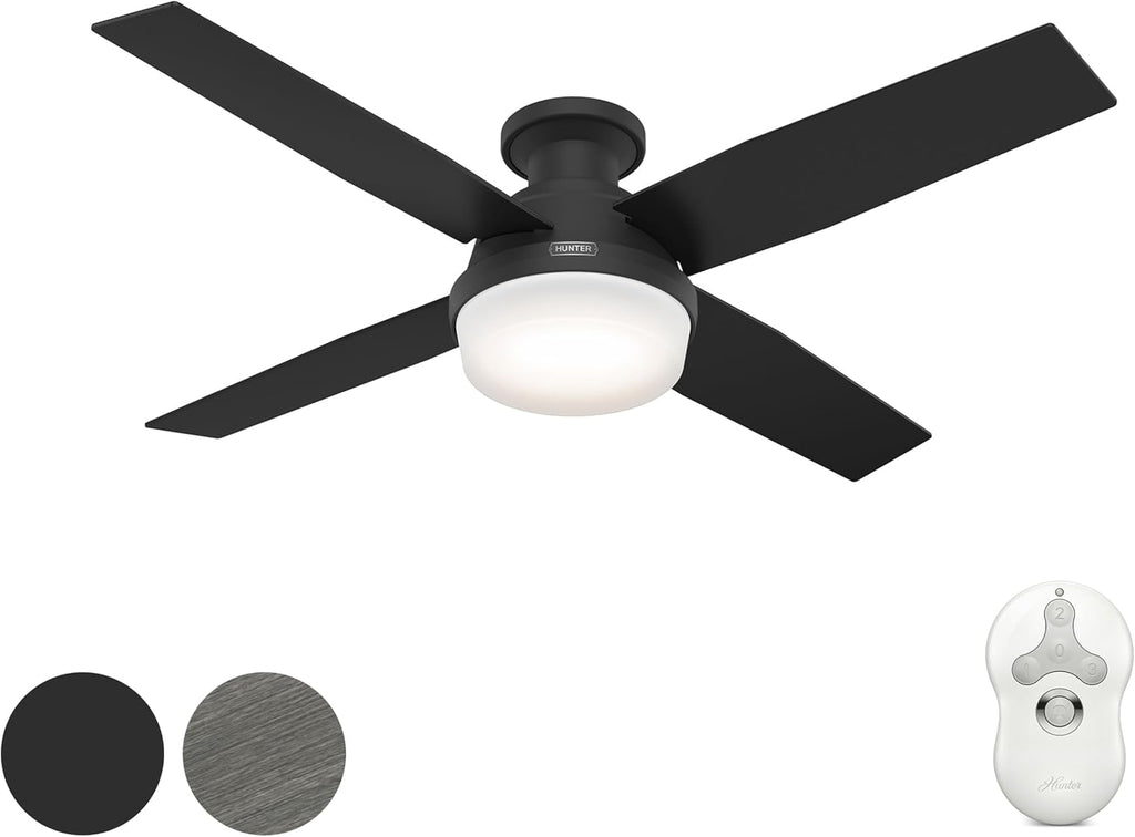 Hunter Fan 52 Inch Low Profile Matte Black Finish Indoor Ceiling Fan With LED Light Kit and Remote Control (Renewed)