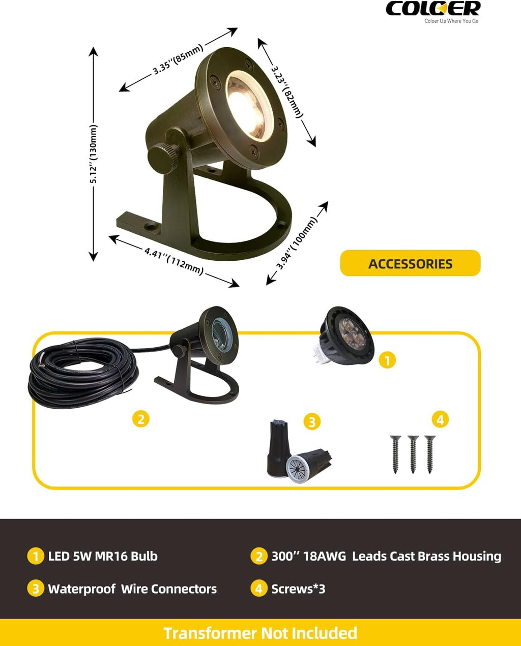 COLOER Brass Underwater Lights(Bronze) 4 Pack with LED MR16 Bulb 12V Low Voltage Fountain Lights IP68 Waterproof Copper Outdoor Landscape Lighting for Swimming Pool Ponds or Outside Water as Spotlight