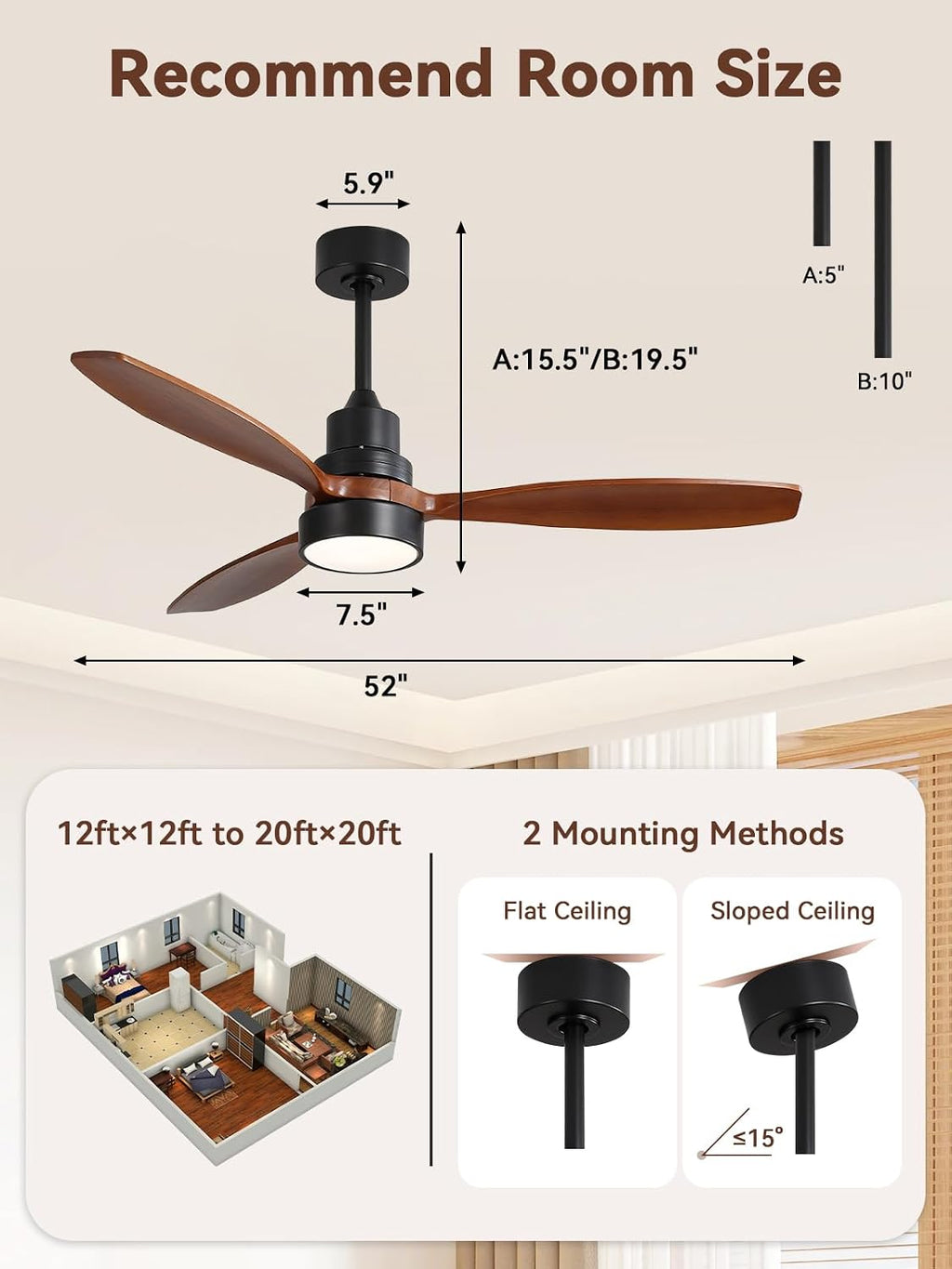 Sofucor 52 Inch Smart Ceiling Fans no Light, 3 Blade Wood Ceiling Fan Works with Remote/App/Alexa/Google, for Indoor Bedroom Living Room Outdoor Patio Porch, Brown