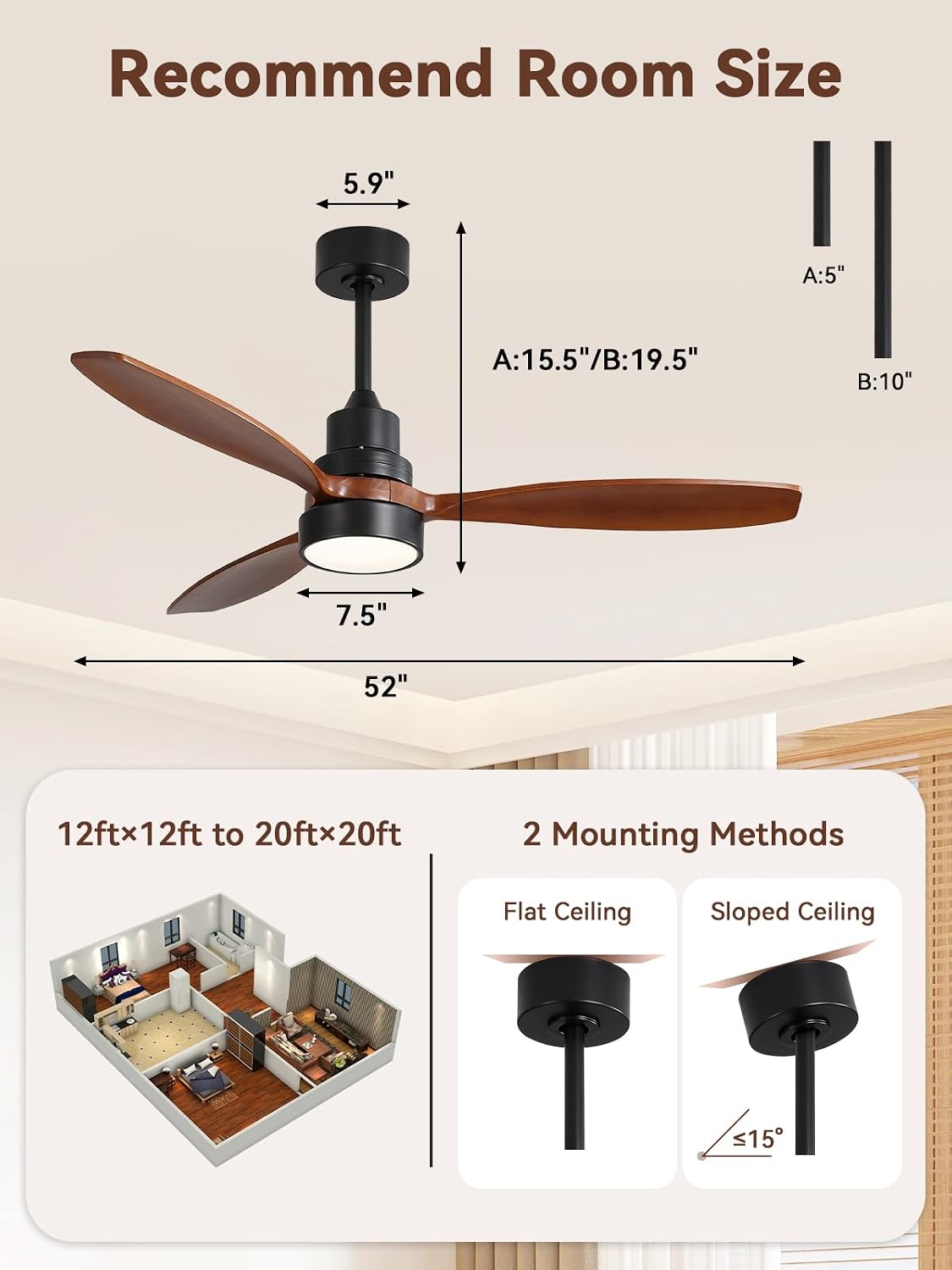 Sofucor 52 Inch Smart Ceiling Fans no Light, 3 Blade Wood Ceiling Fan Works with Remote/App/Alexa/Google, for Indoor Bedroom Living Room Outdoor Patio Porch, Brown
