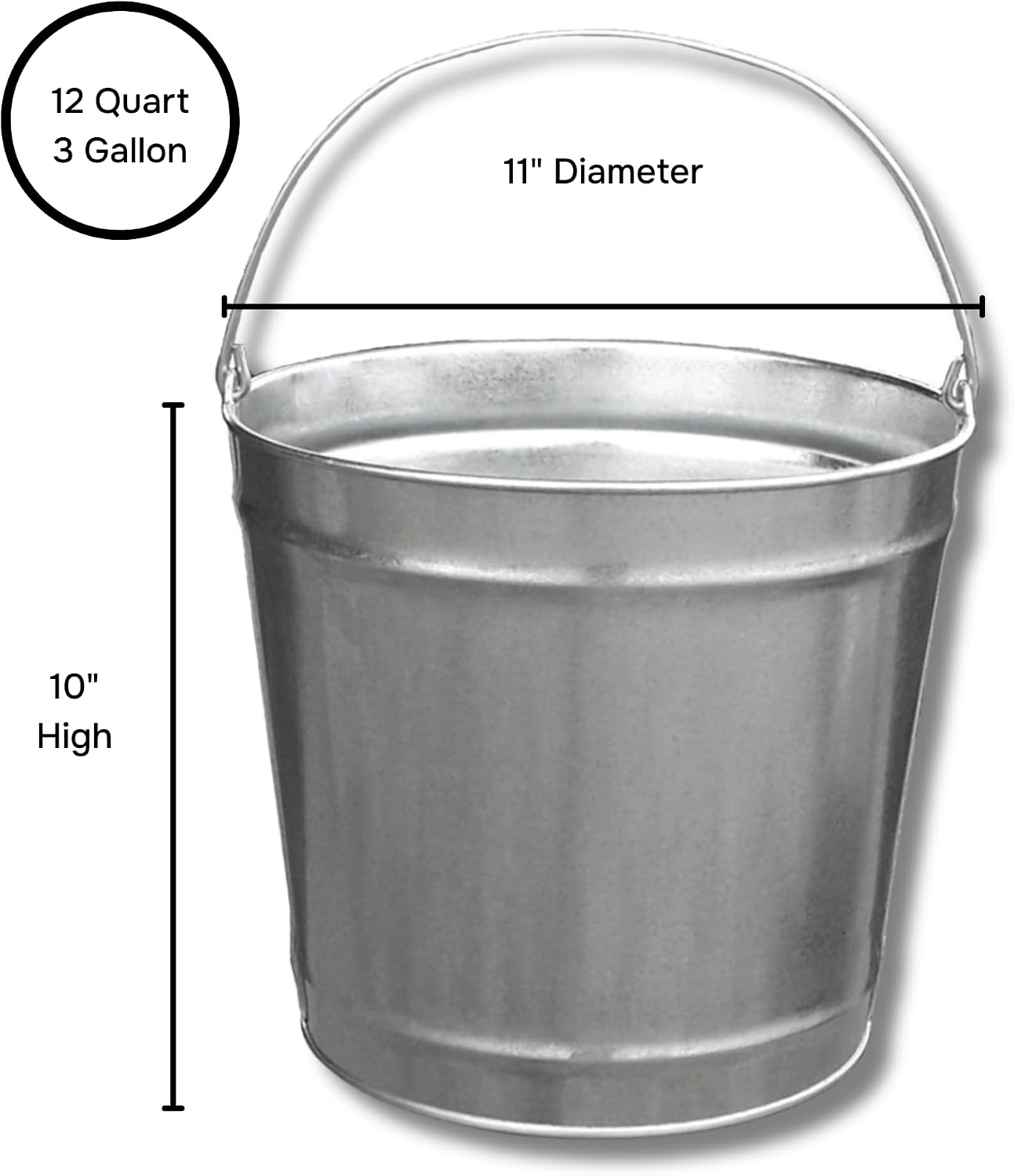12 Quart (3 Gallon) Industrial Galvanized Metal Pail Bucket with Handle, 11' Diameter, Single Seam Construction | Great to use for Ice Buckets, Livestock, Gardening - 10 Buckets