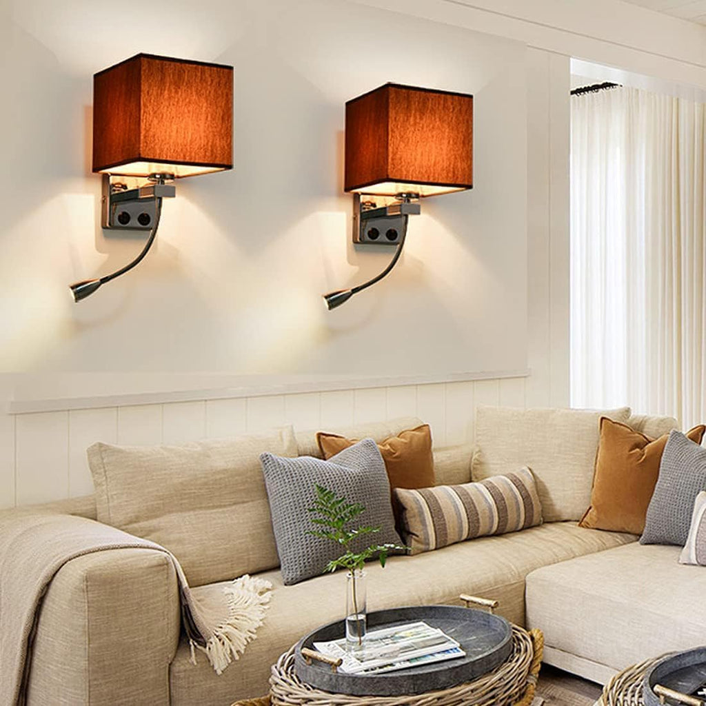 Wall Lamps with LED Reading Light, Bedside Sconce with Switch, Lamp Fabric Lampshade with 2 Points, Adjustable Indoor Spotlights, Brown
