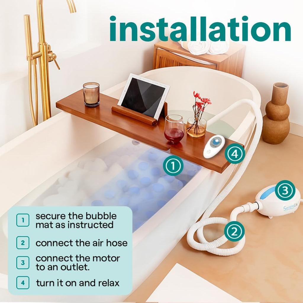 SereneLife Spa Bath Mat Full Body Massager - Portable Bubble Bath Massager with Air Jets, Remote Control, Non-Slip Adjustable Bubble Mat, Aroma Clip for Essential Oils, 47' x 14.2'