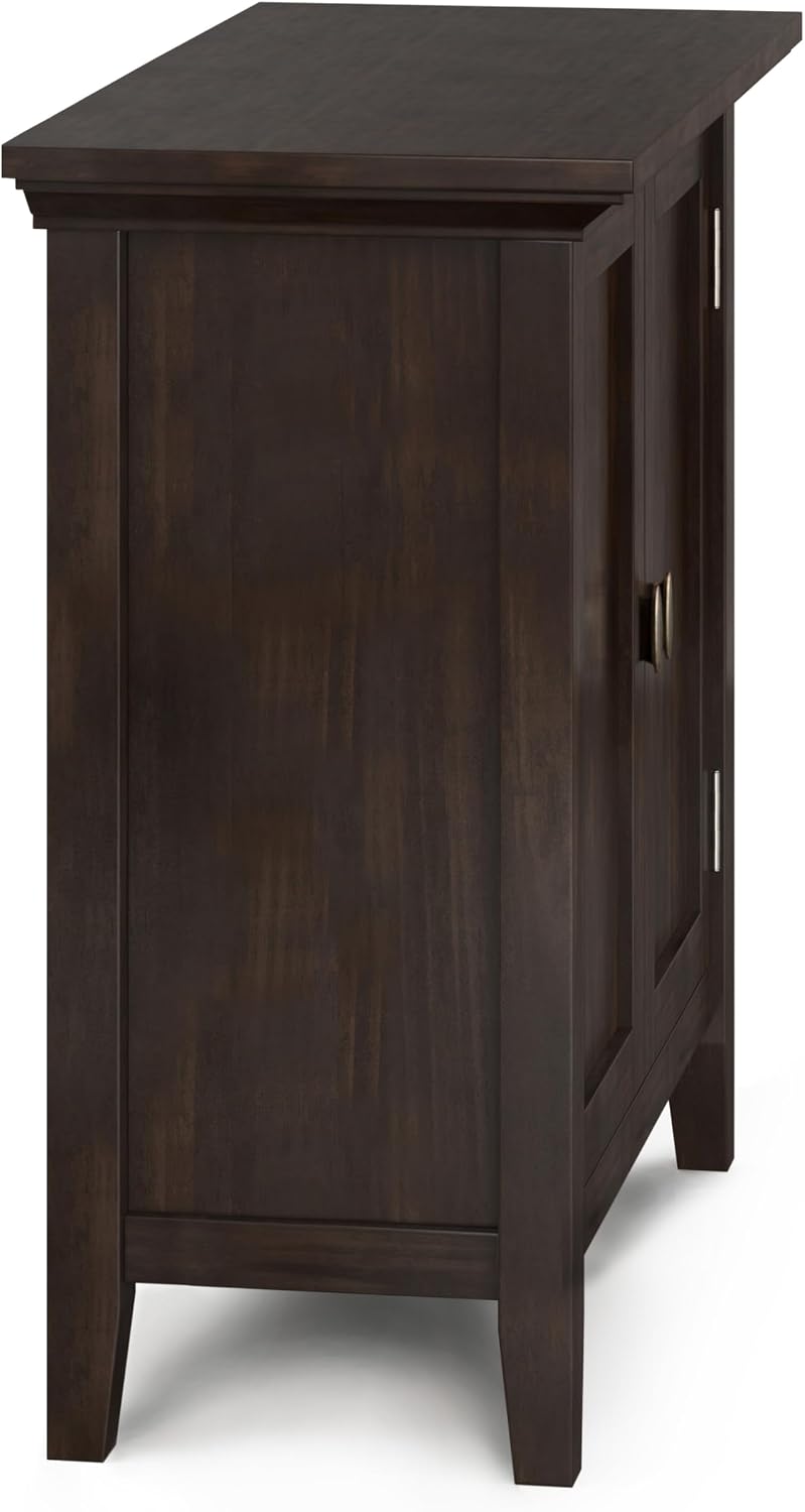 SIMPLIHOME Redmond Storage Cabinet - 32 inch Wide Solid Wood 2-Shelf Low Storage Cabinet in Brunette Brown, Transitional Accent Cabinet for Entryway with Adjustable Shelves and Tapered Legs