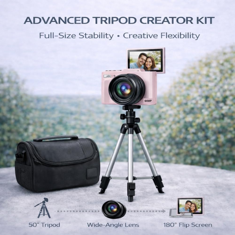 Acuvar 4K 64MP Digital Camera Kit for Photography, Vlogging Camera for YouTube with Flip Screen, WiFi, Wide Angle & Macro Lens, 64GB Micro SD Card, 50' Tripod, Case, Card Reader, Mic, LED Light