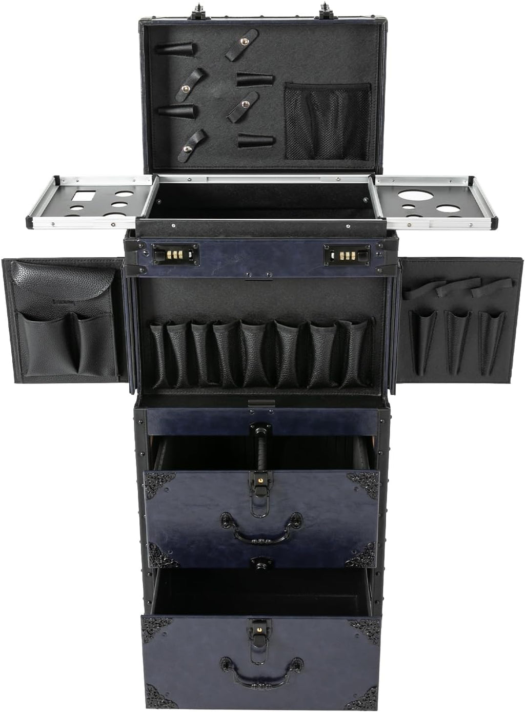 Rolling Lockable Makeup Train Case,Large Cosmetic Organizer Train Case Makeup Travel Case with 360° Swivel Wheels, Trolley Makeup Travel Organizer,Black