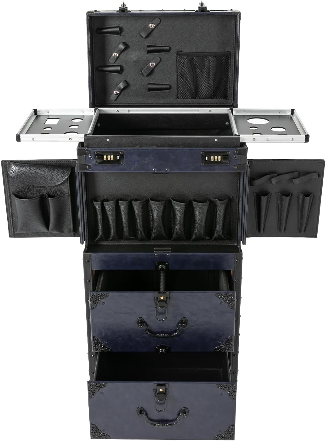 Rolling Lockable Makeup Train Case,Large Cosmetic Organizer Train Case Makeup Travel Case with 360° Swivel Wheels, Trolley Makeup Travel Organizer,Black