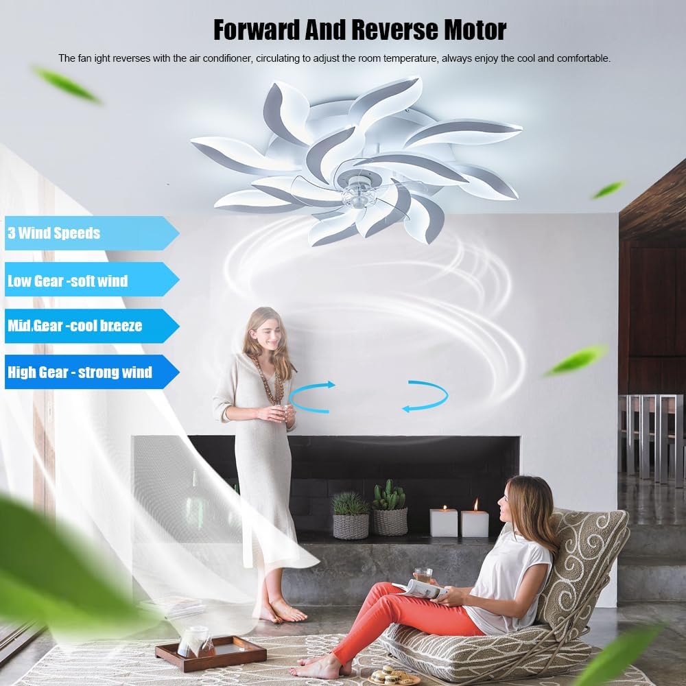 39' Modern Ceiling Fan with Lights and Remote Control, 3 Color temperatures Dimmable 6 Gear Wind Speed, LED Flush Mount Low Profile Fan Light,Bladeless Ceiling Fan with Smart Timing 120W