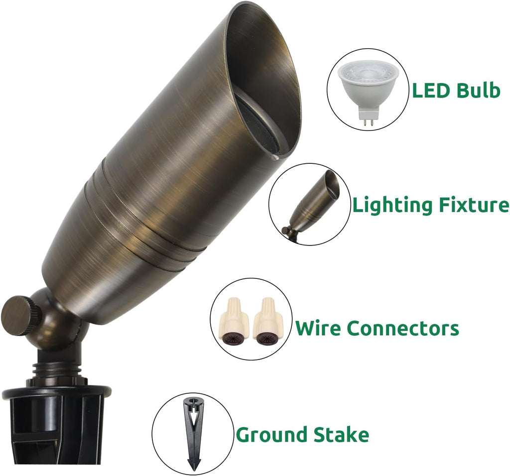 DOSHINE® Solid Brass Landscape LED Spotlights Outdoor Low Voltage Landscape Lighting AC/DC 12V Uplight Accent Light for Tree Garden Yard with Replaceable 5W 3000K Warm White 560LM MR16 Bulb (4-Pack)